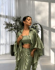 Foil Print Draped Co-ord Set with Ruffle Shrug Green