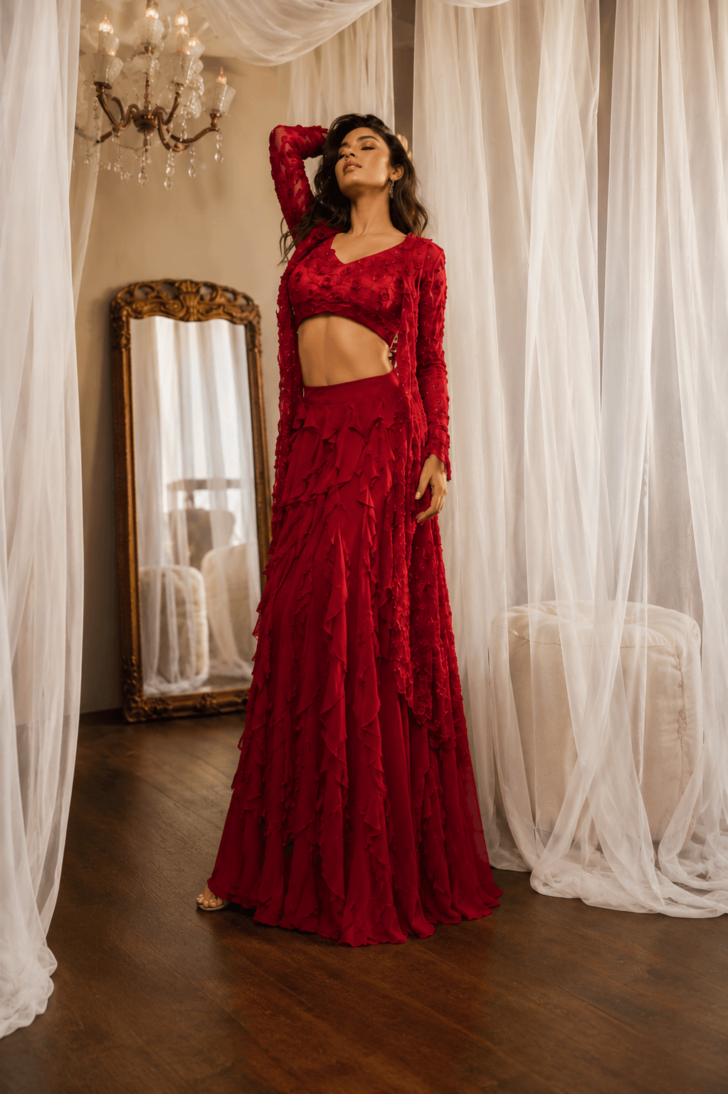 Red Rose Embroidered Lehenga Set Red