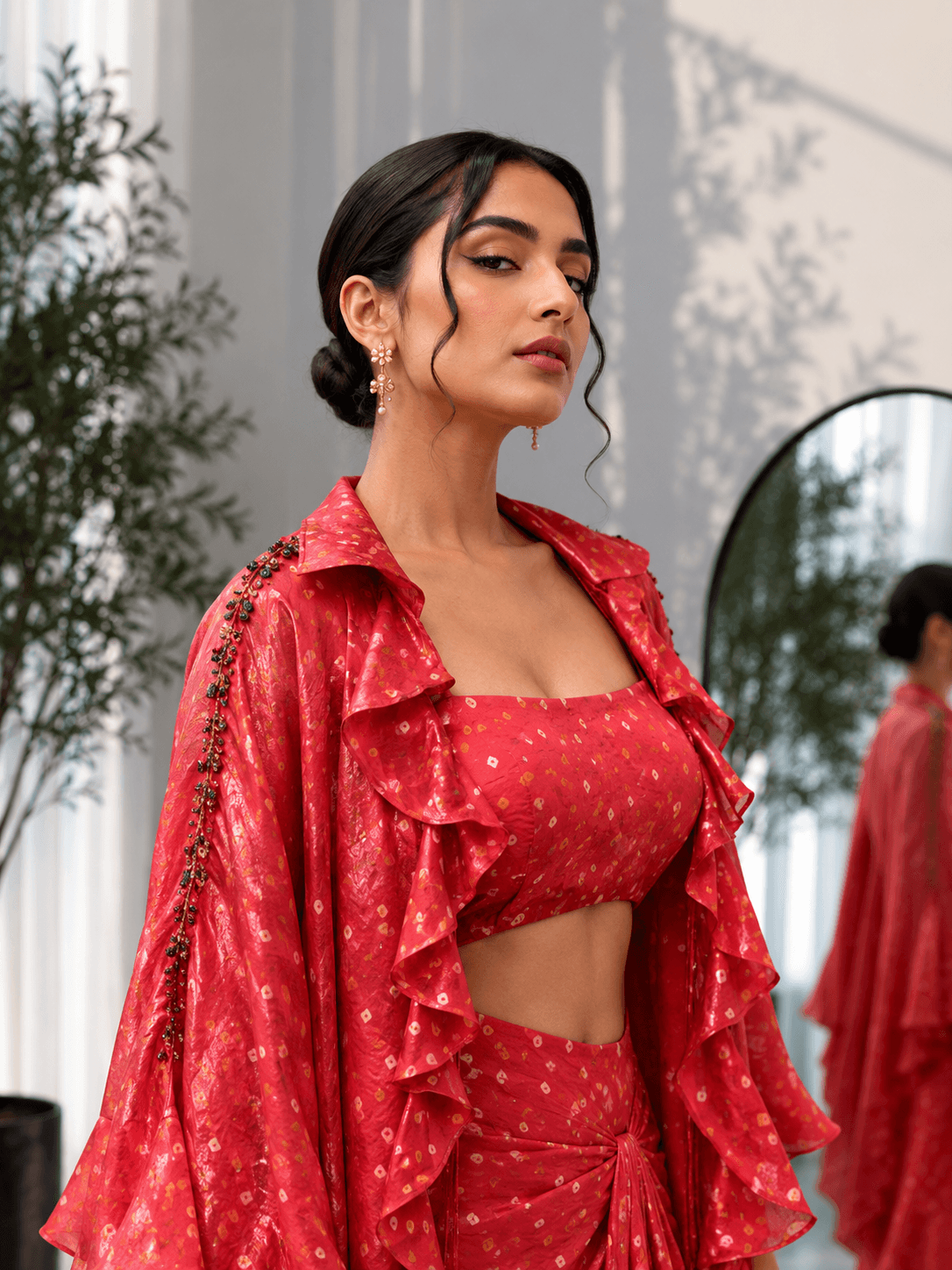 Foil Print Draped Co-ord Set with Ruffle Shrug Red