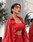 Foil Print Draped Co-ord Set with Ruffle Shrug Red