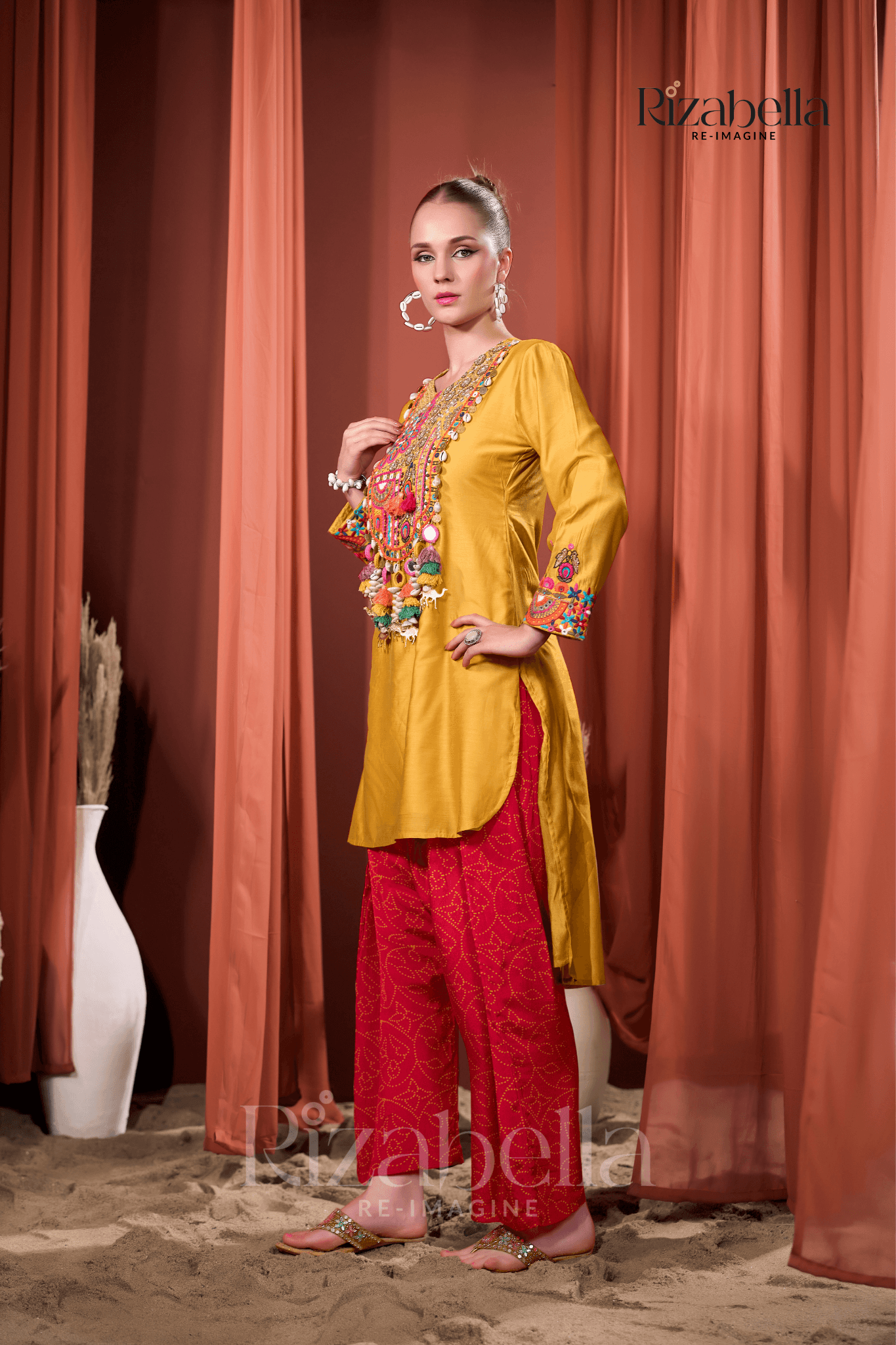 Rangreza Mustard Heavy Embroidered Kurta with Straight Pant