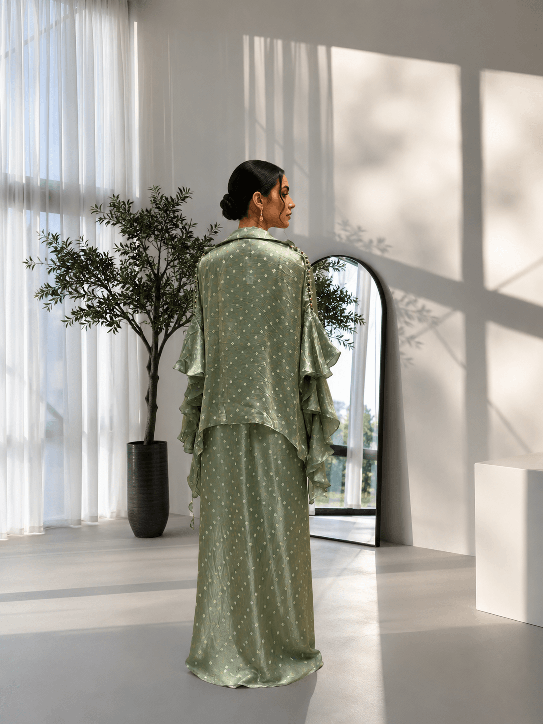 Foil Print Draped Co-ord Set with Ruffle Shrug Green