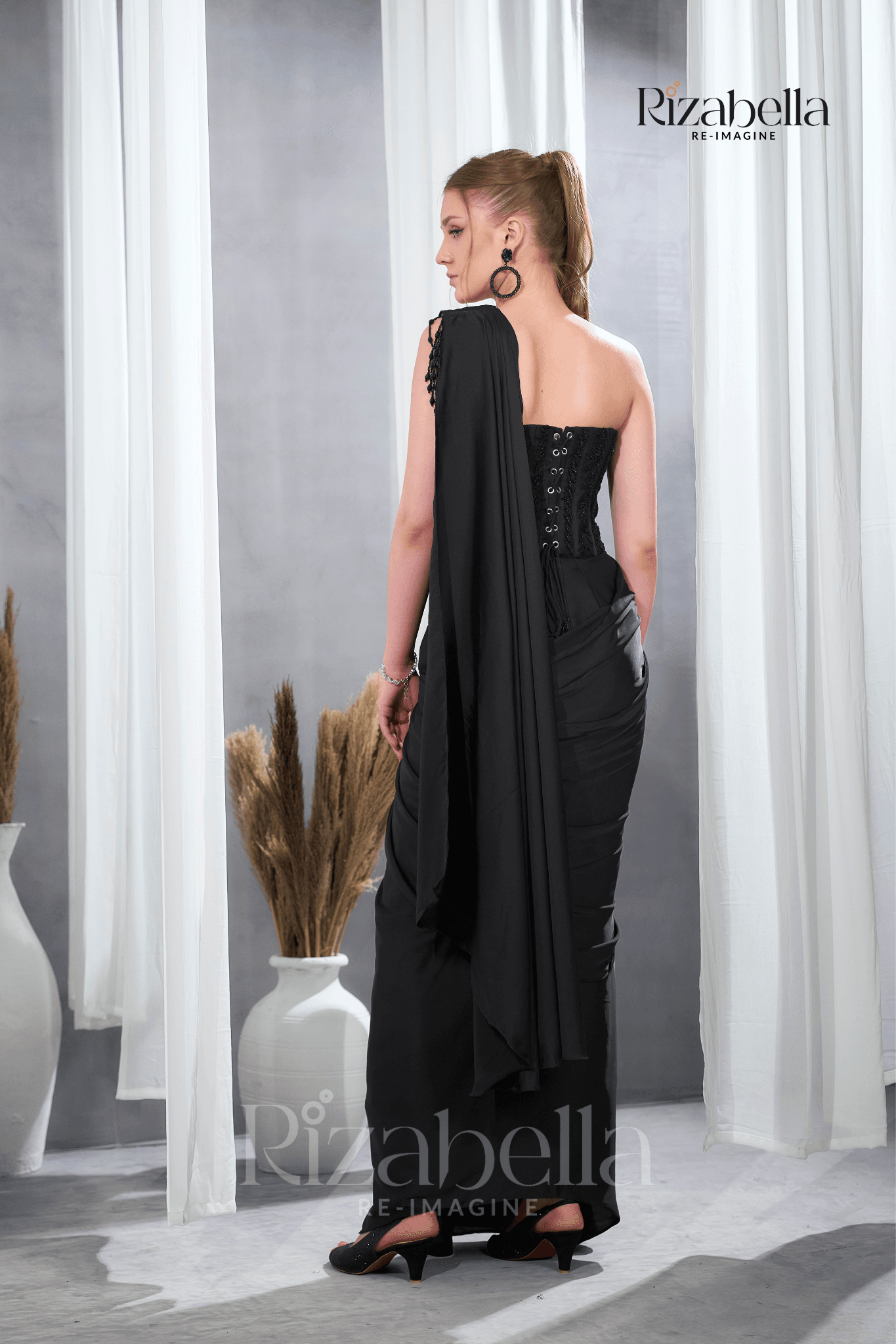 Shaam Black Ready-to-Wear Draped Saree with Embellished Blouse