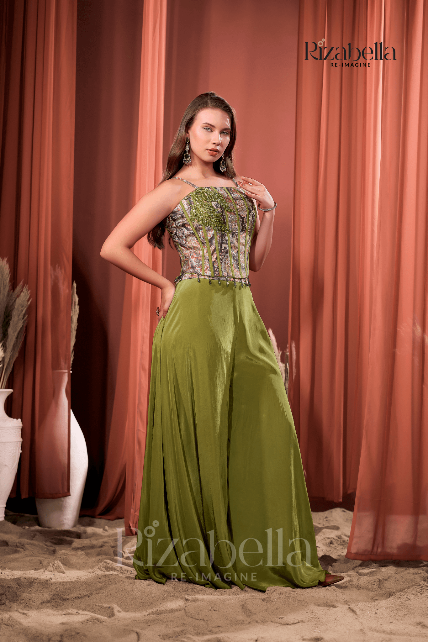 Nova green Embroidered Ethnic crop top set