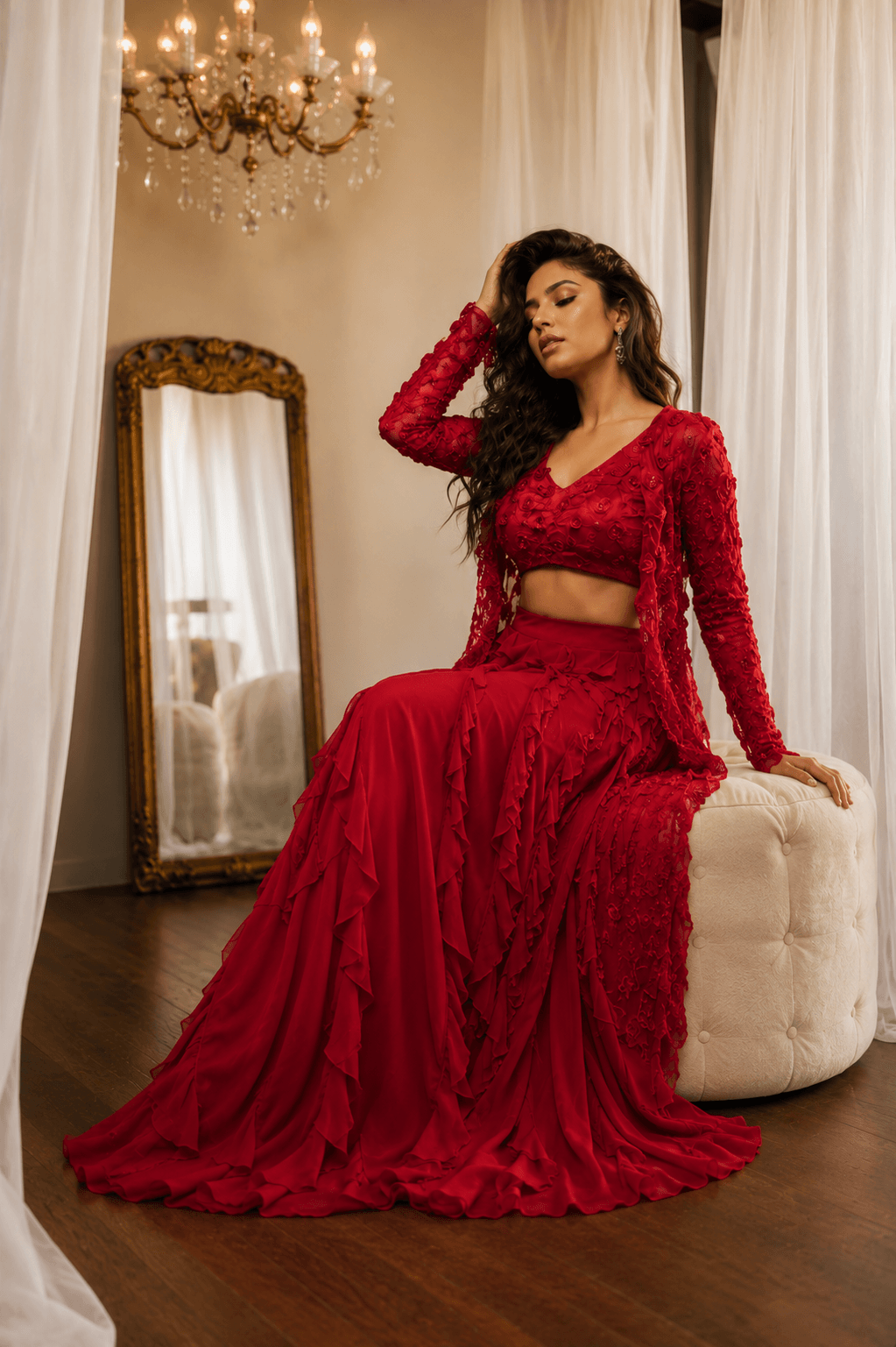 Red Rose Embroidered Lehenga Set Red