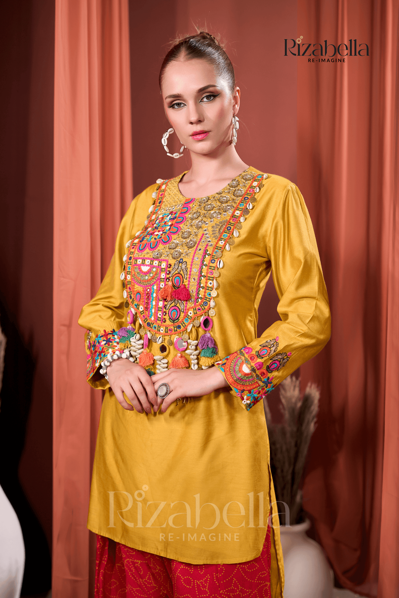 Rangreza Mustard Heavy Embroidered Kurta with Straight Pant