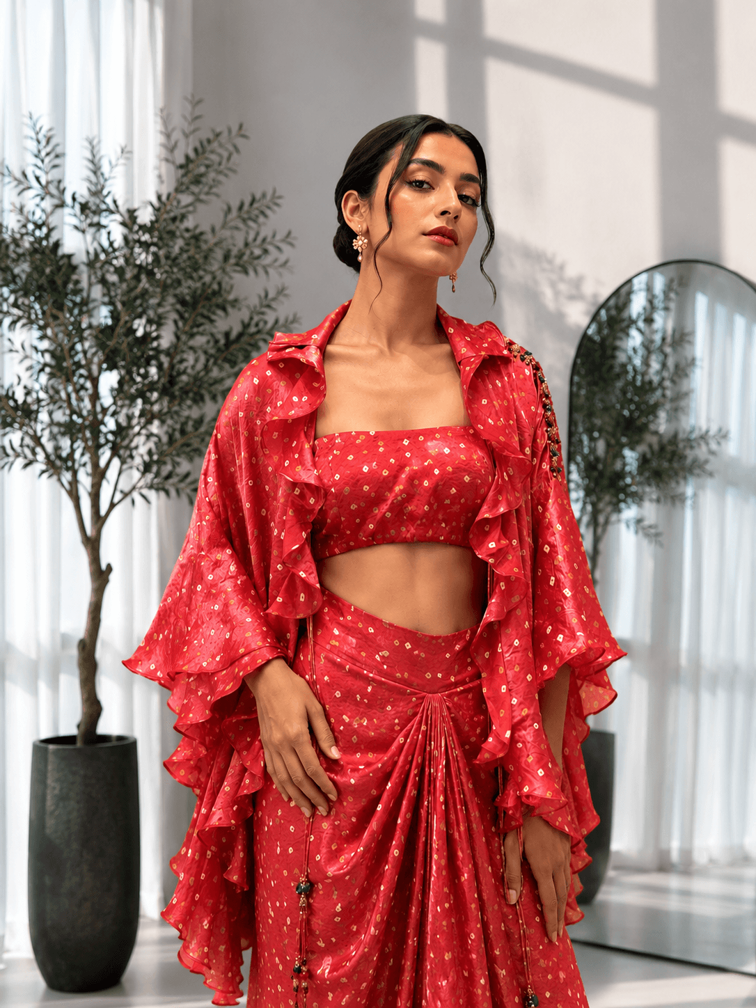 Foil Print Draped Co-ord Set with Ruffle Shrug Red