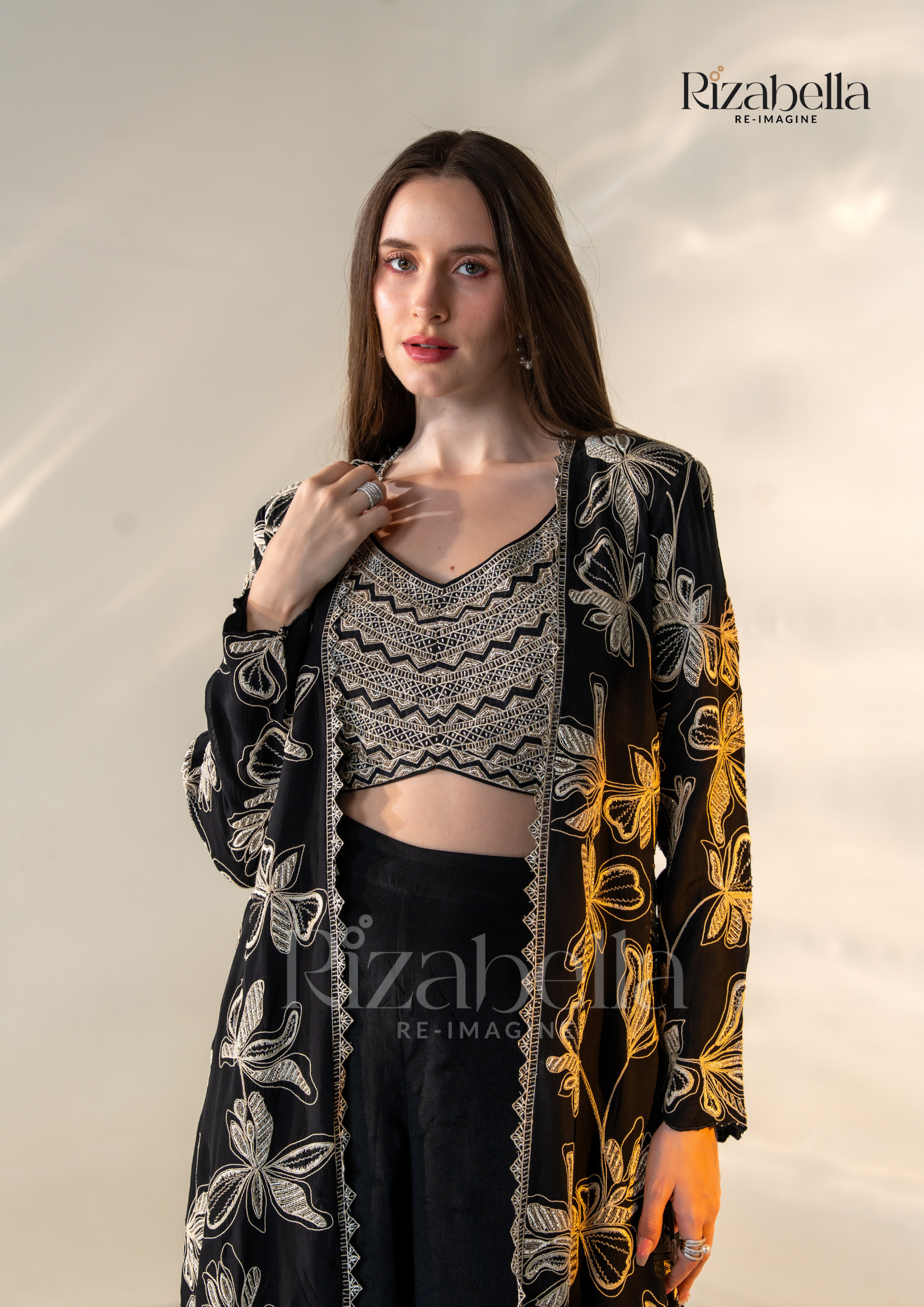 Noir Monarch Embroidered Cape Set