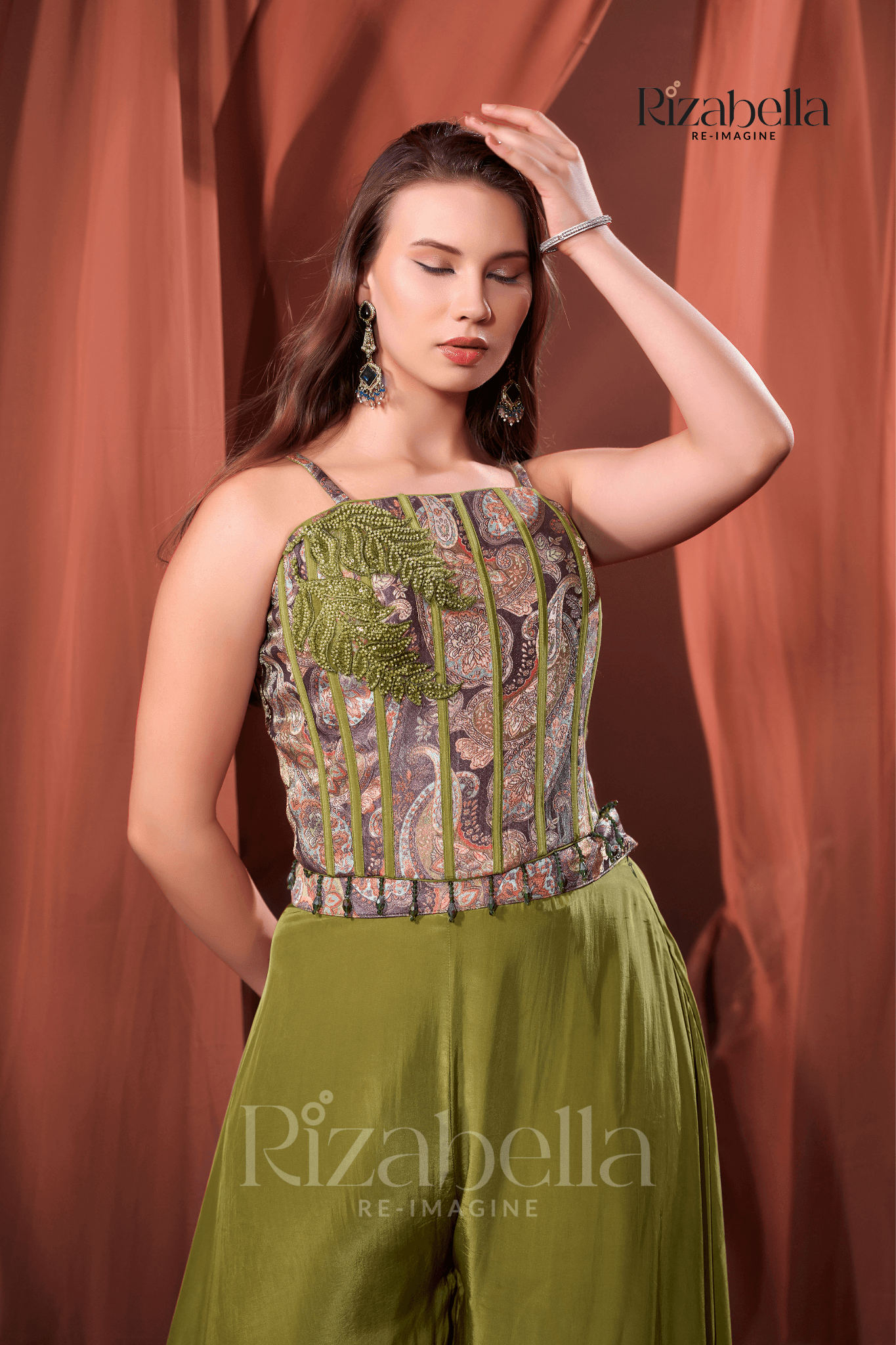 Nova green Embroidered Ethnic crop top set