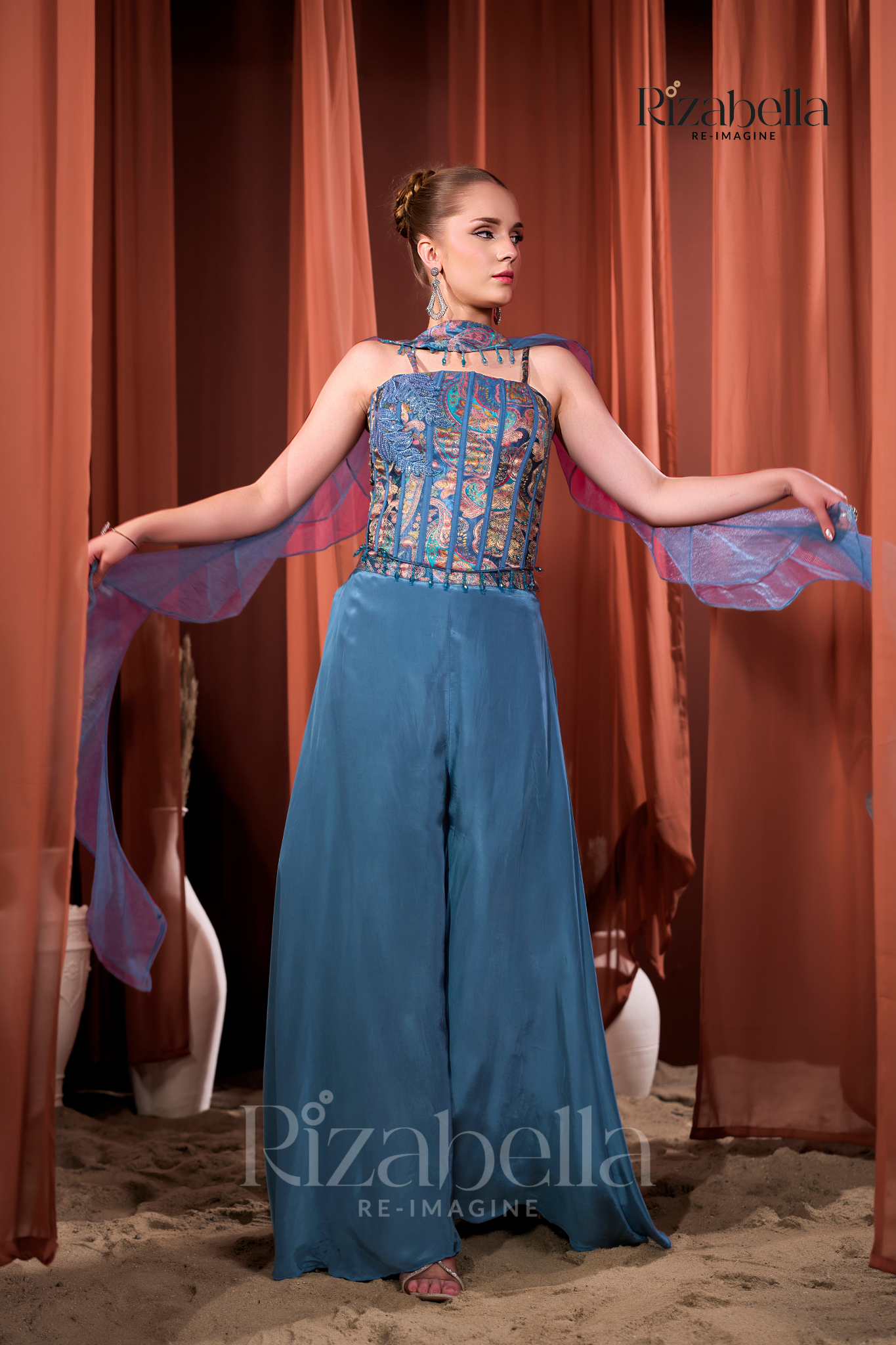 Nova Blue Embroidered Ethnic crop top set
