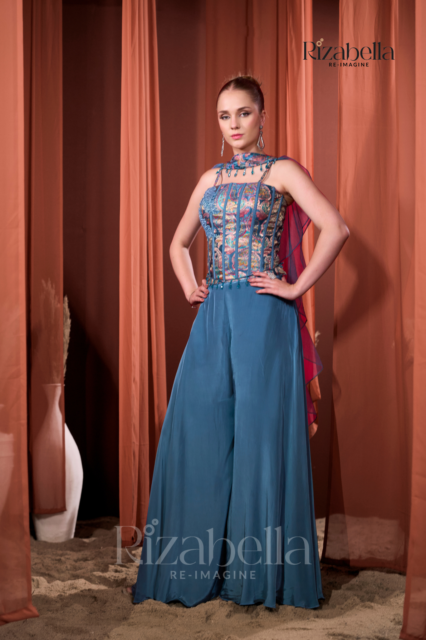 Nova Blue Embroidered Ethnic crop top set