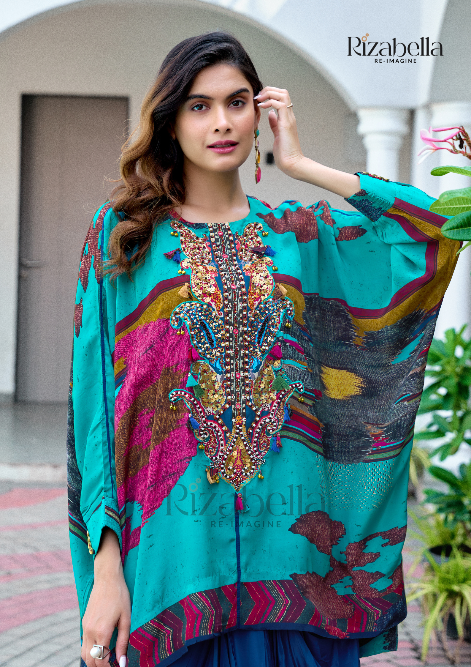 Embroidered Tunic with Draped Pants - Blue