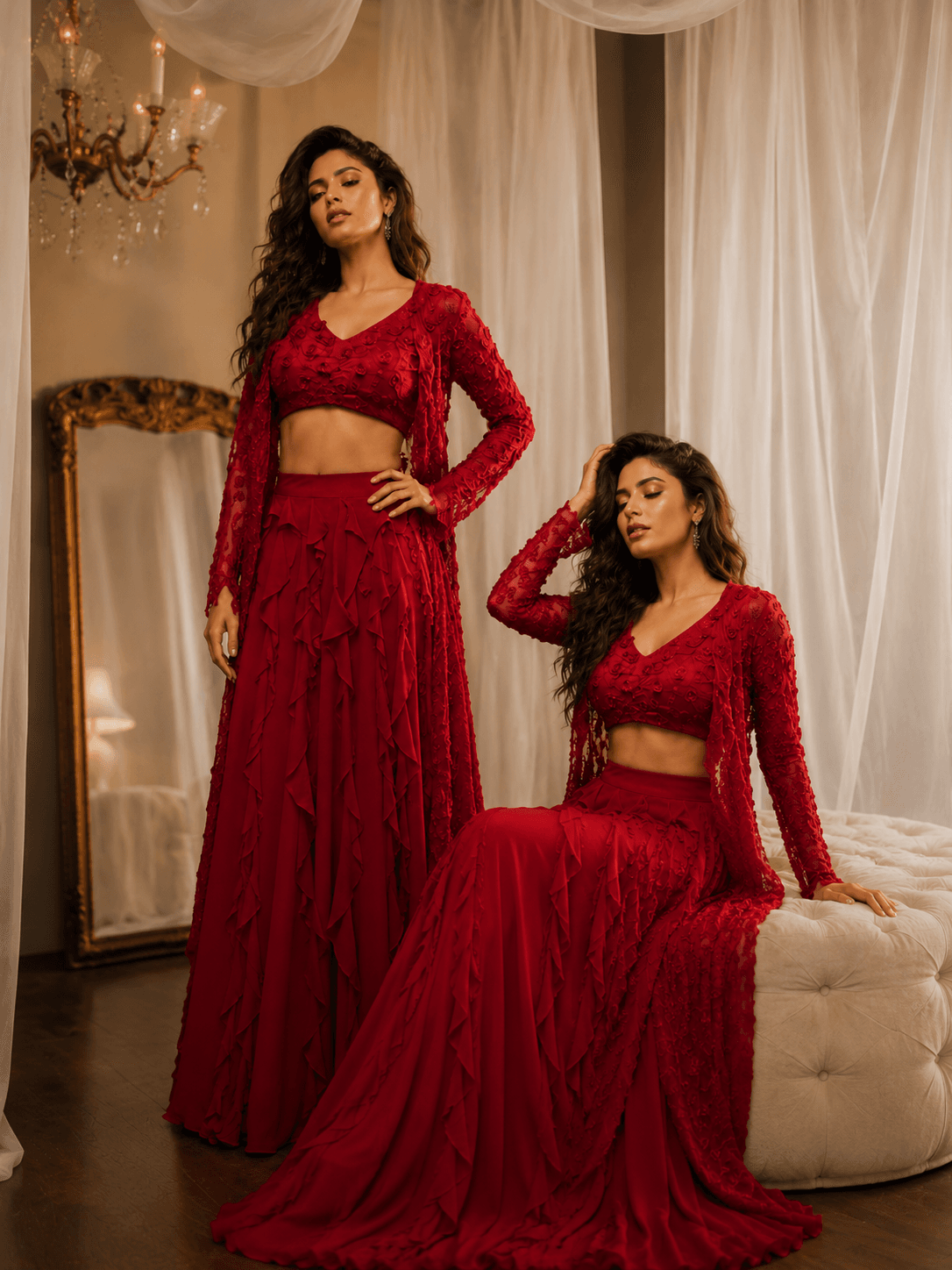 Red Rose Embroidered Lehenga Set Red