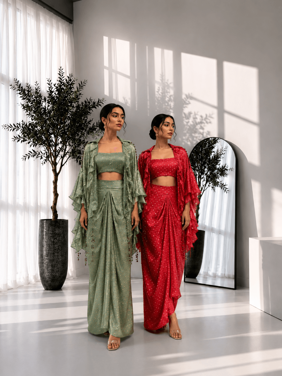 Foil Print Draped Co-ord Set with Ruffle Shrug Red