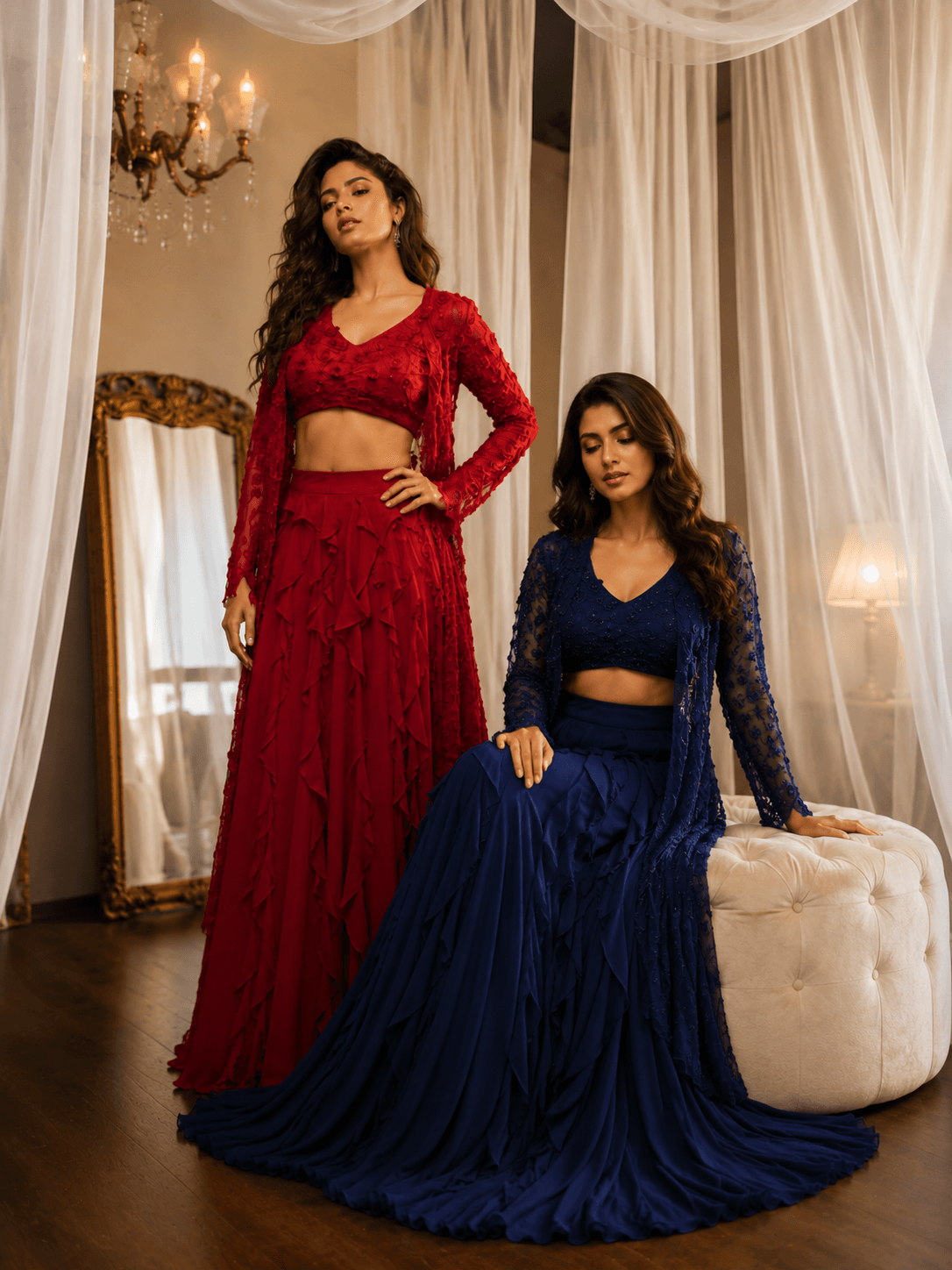Red Rose Embroidered Lehenga Set Red