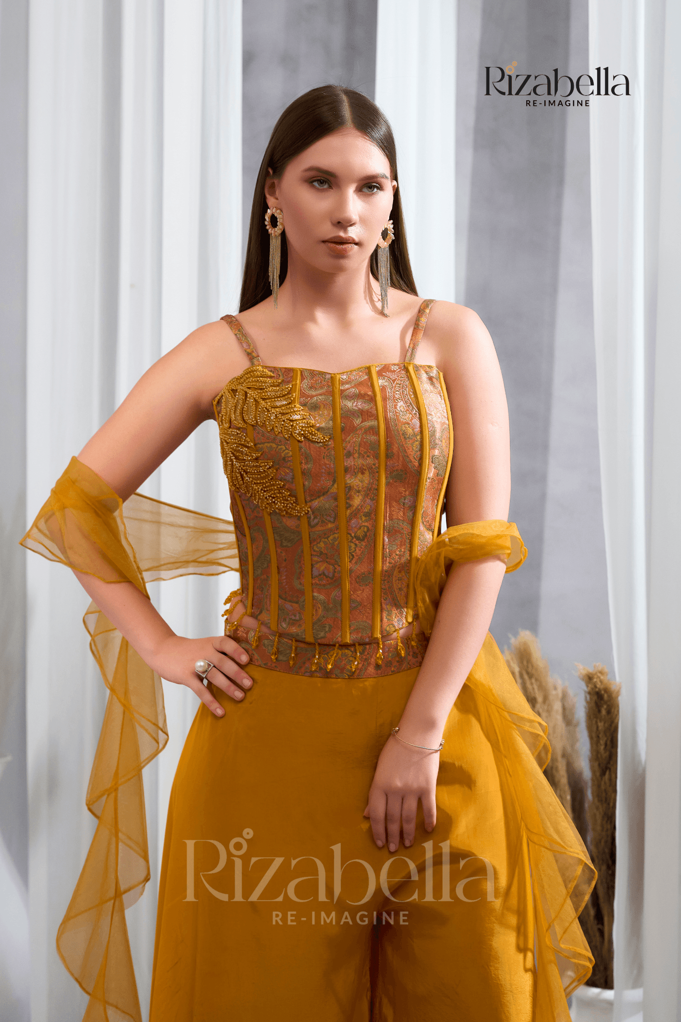 Nova Mustard Embroidered Ethnic crop top set