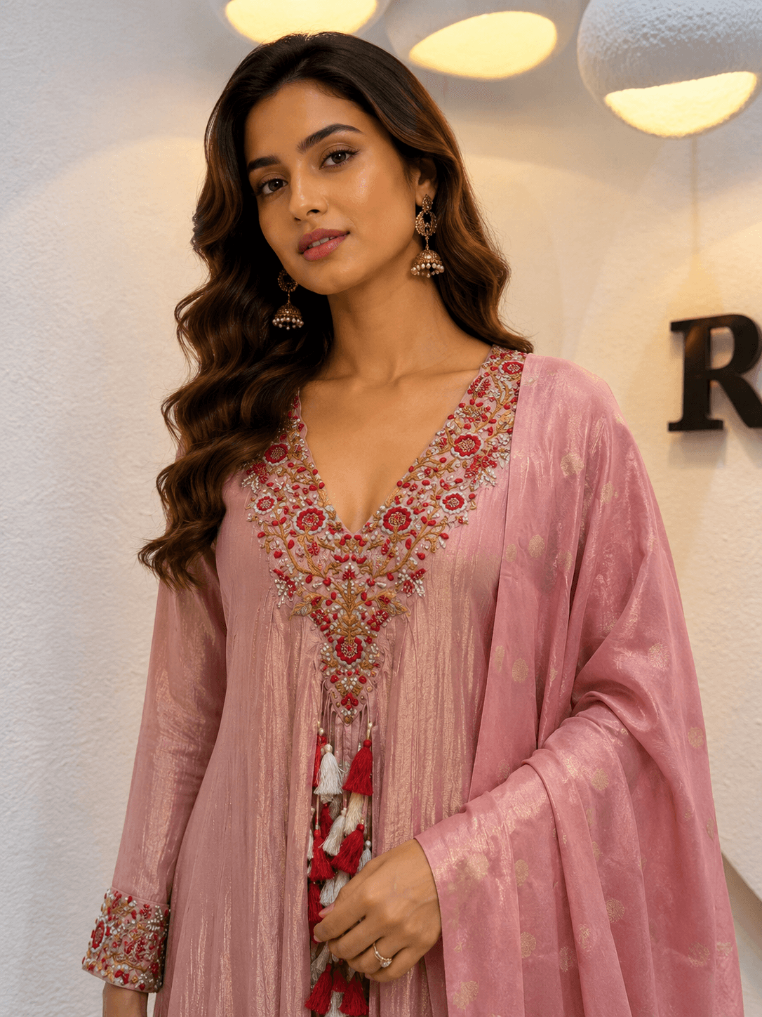 Pastel peach Embroidered Anarkali Set
