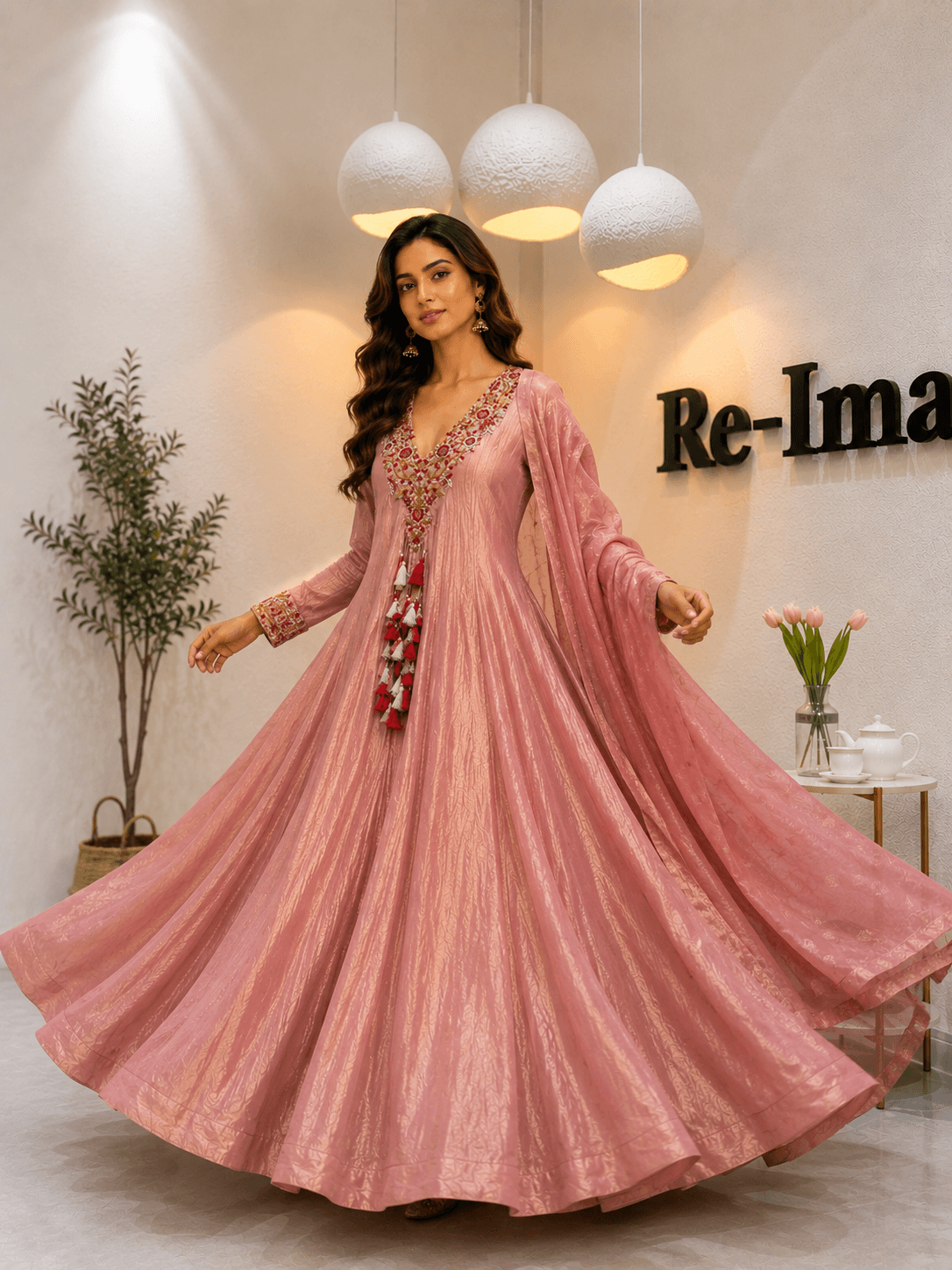 Pastel peach Embroidered Anarkali Set