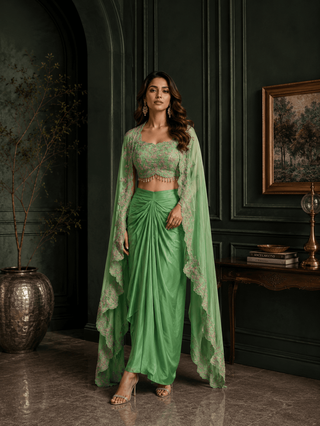 Blossom green Cape Drape skirt Set