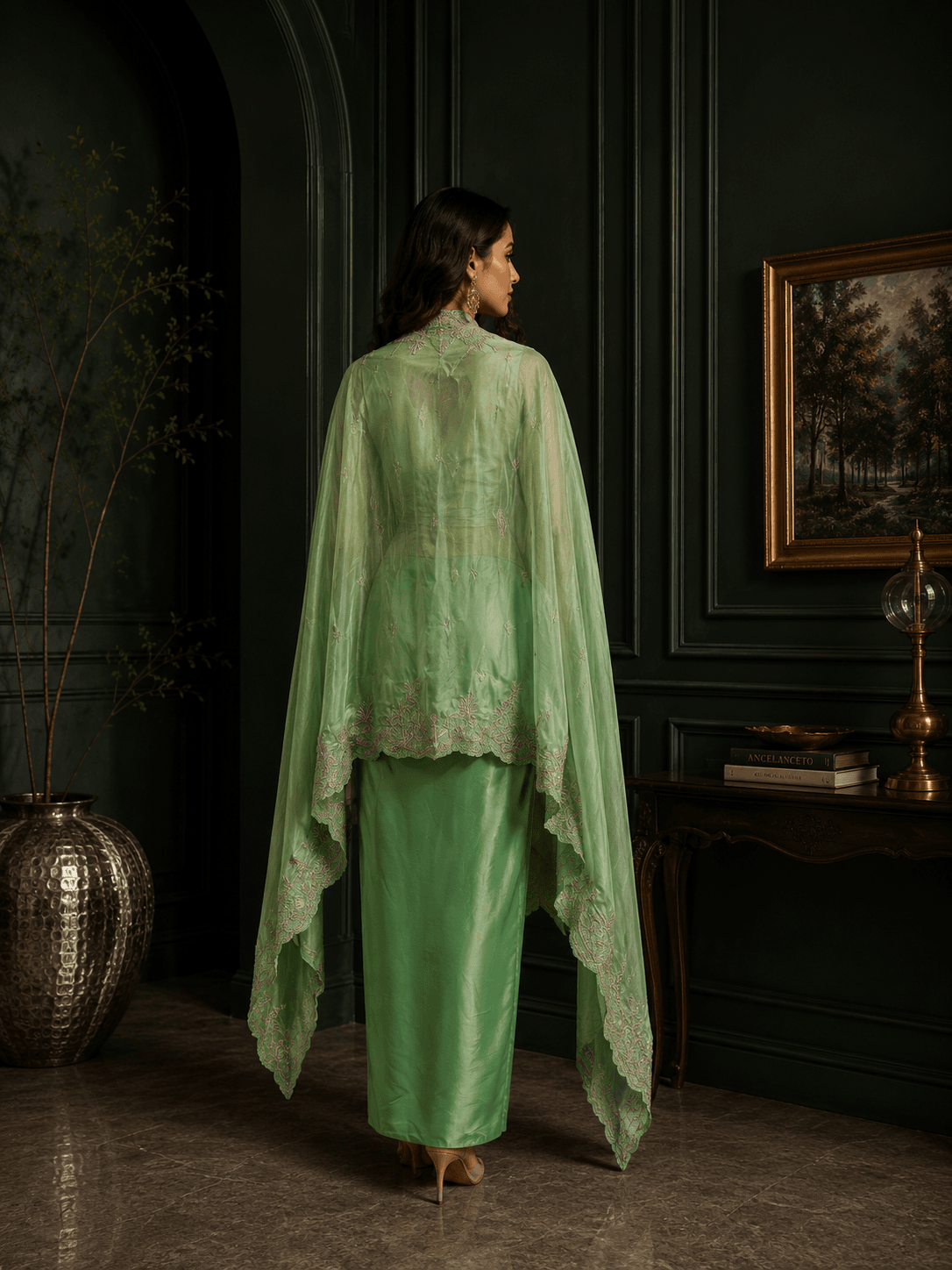 Blossom green Cape Drape skirt Set