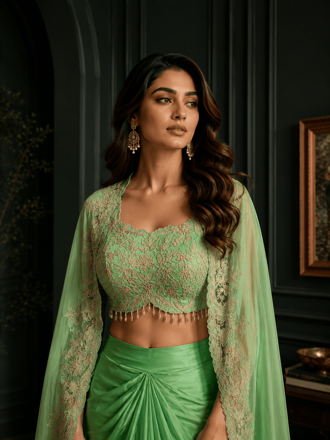 Blossom green Cape Drape skirt Set
