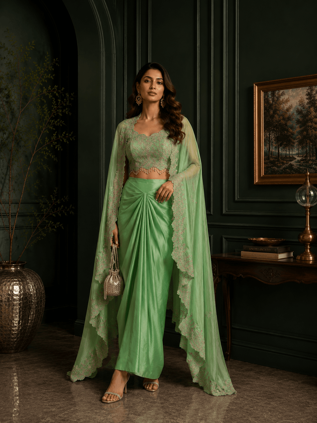 Blossom green Cape Drape skirt Set
