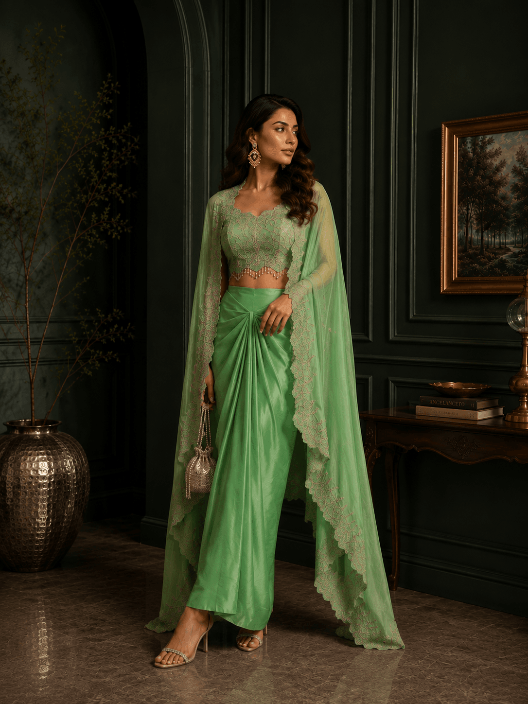 Blossom green Cape Drape skirt Set