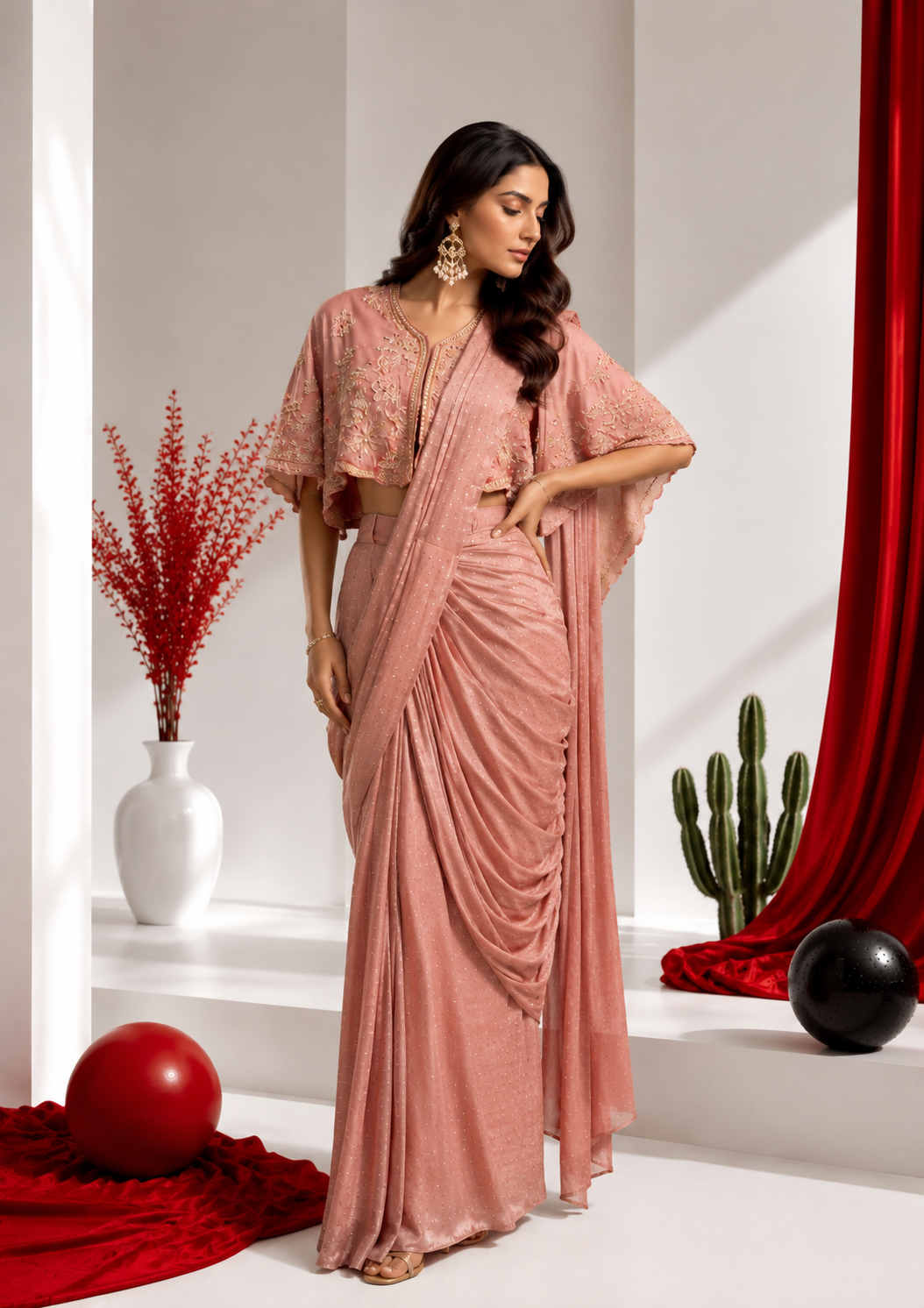 Rose Blush Cape Drape Saree Set
