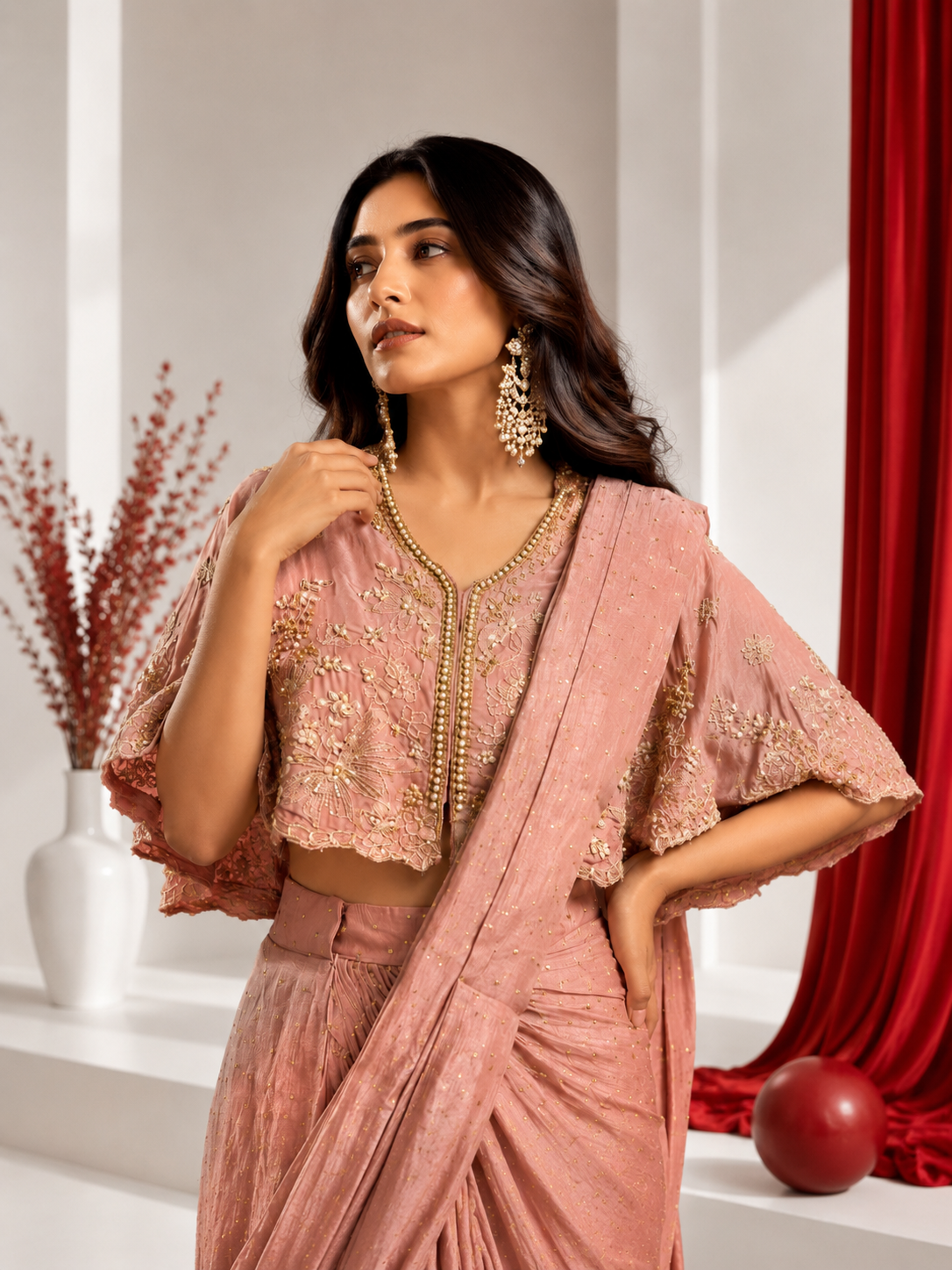 Rose Blush Cape Drape Saree Set