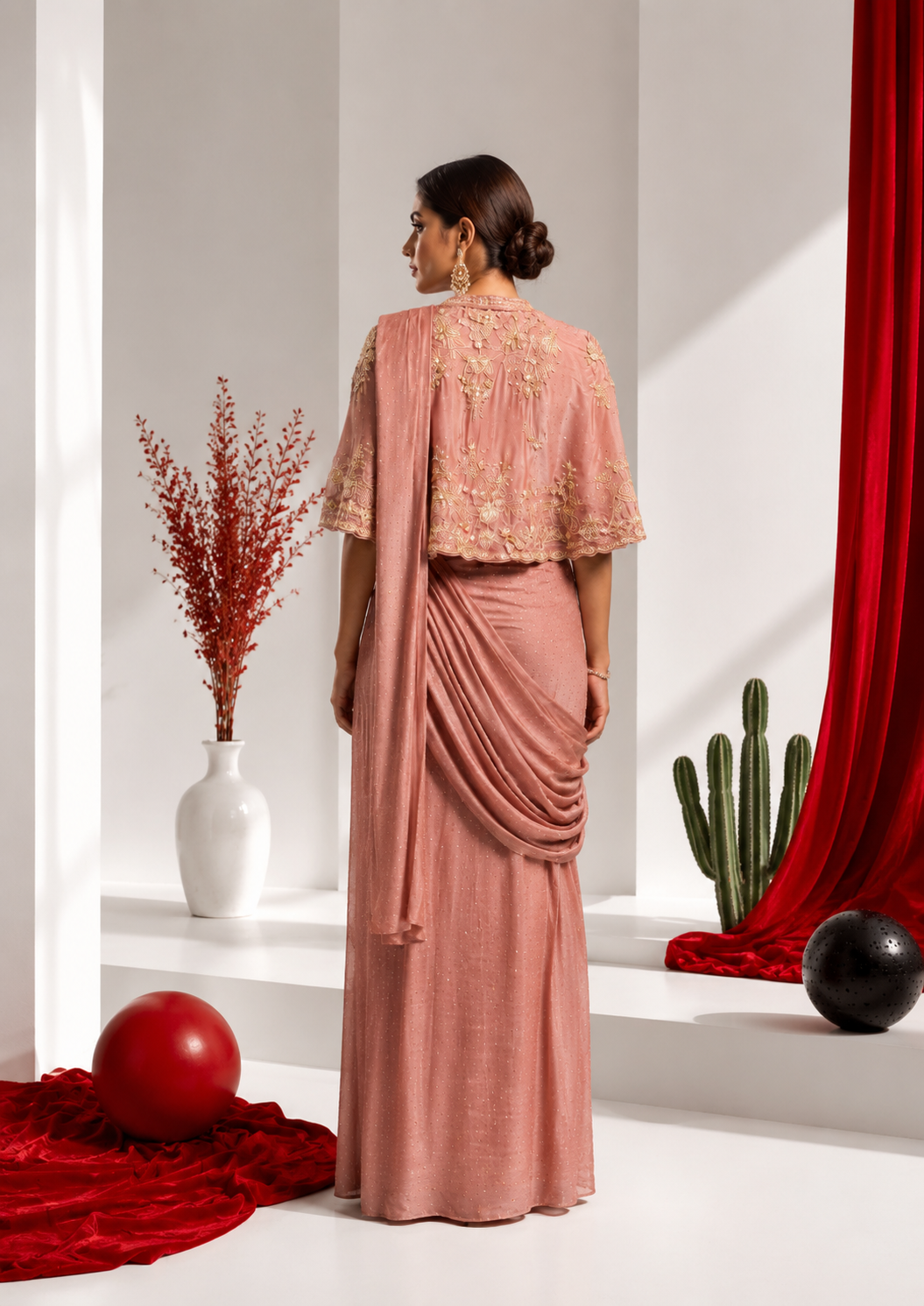 Rose Blush Cape Drape Saree Set