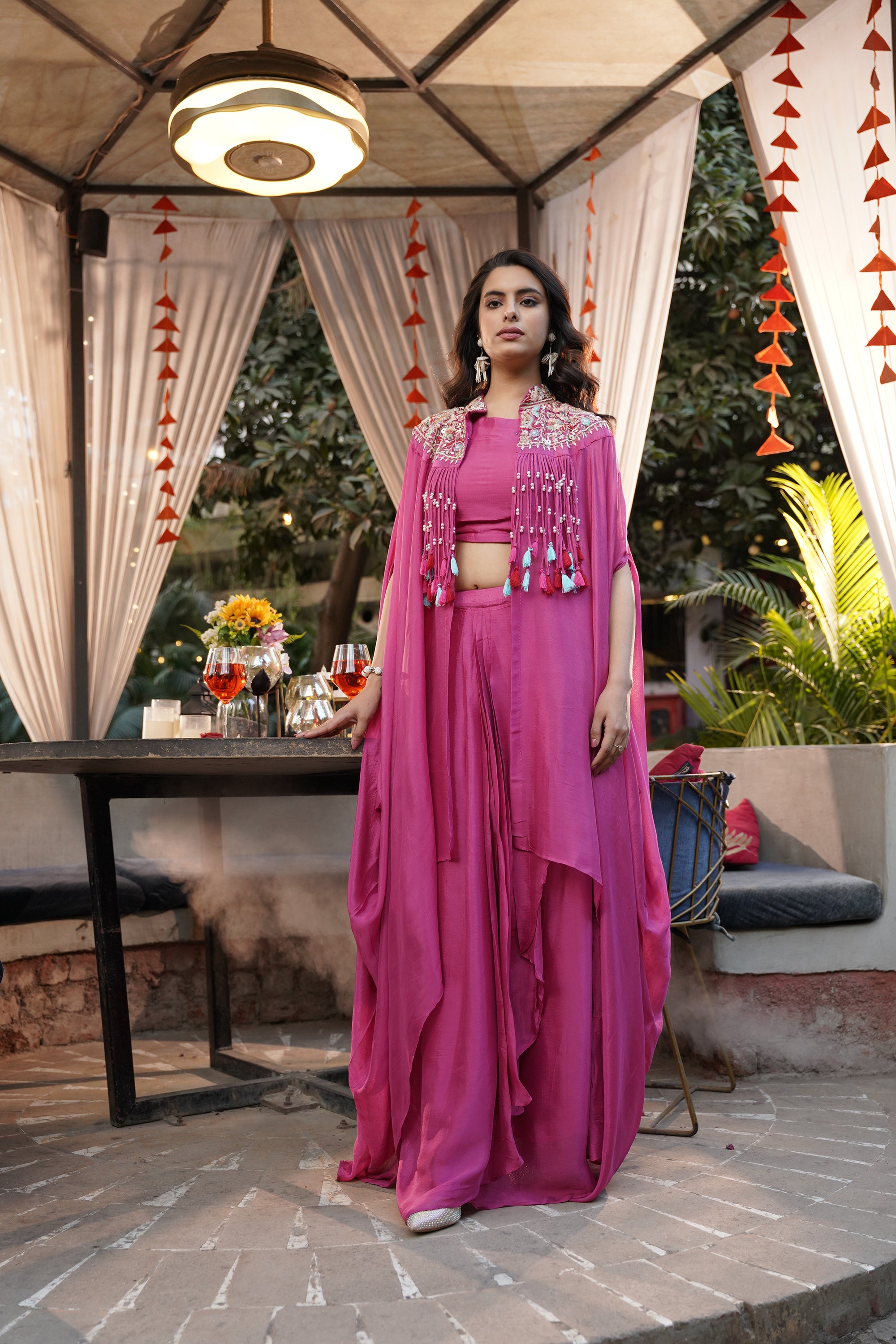 Embroidered Tassel Kaftan Set - Fuchsia Pink