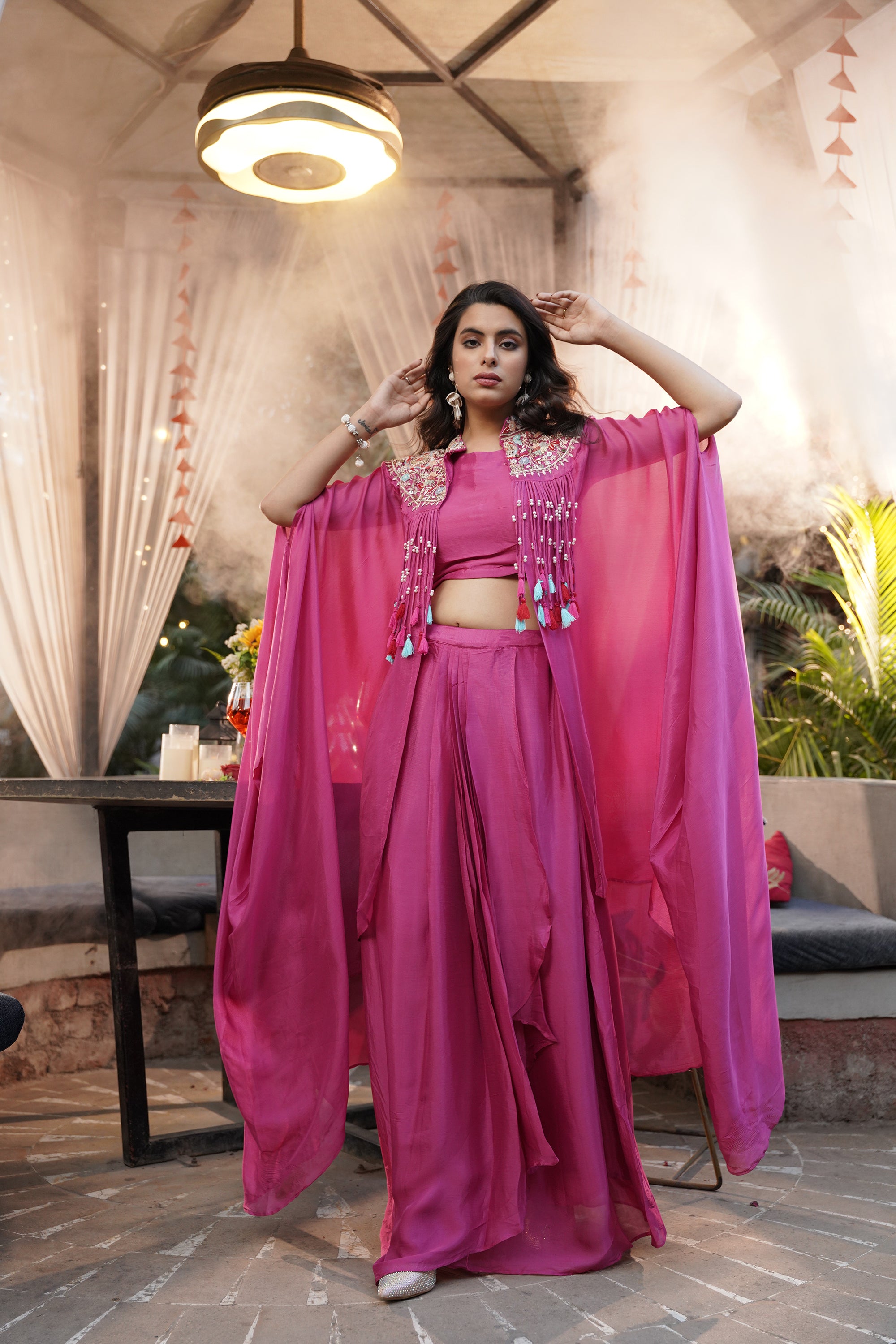 Embroidered Tassel Kaftan Set - Fuchsia Pink