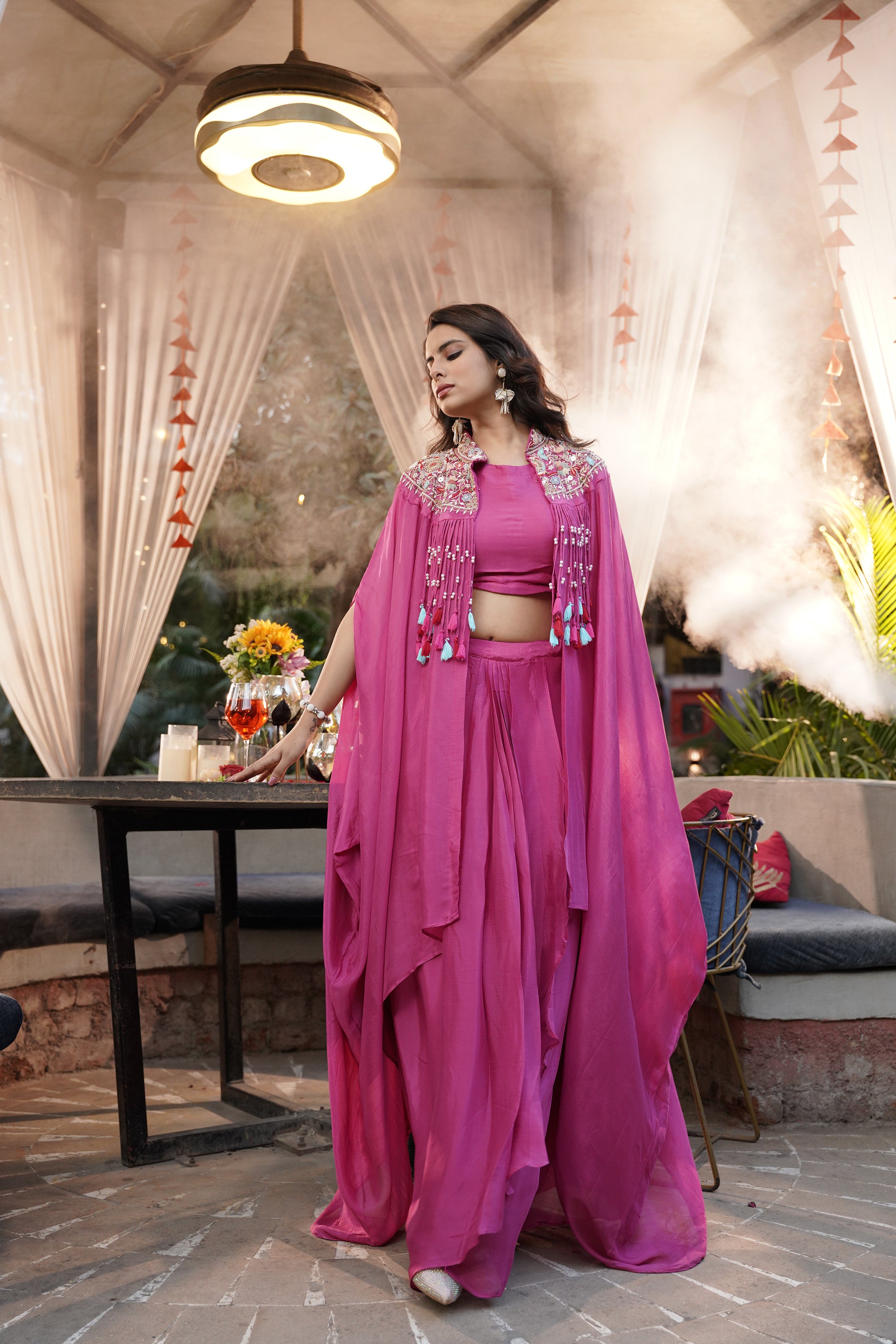 Embroidered Tassel Kaftan Set - Fuchsia Pink