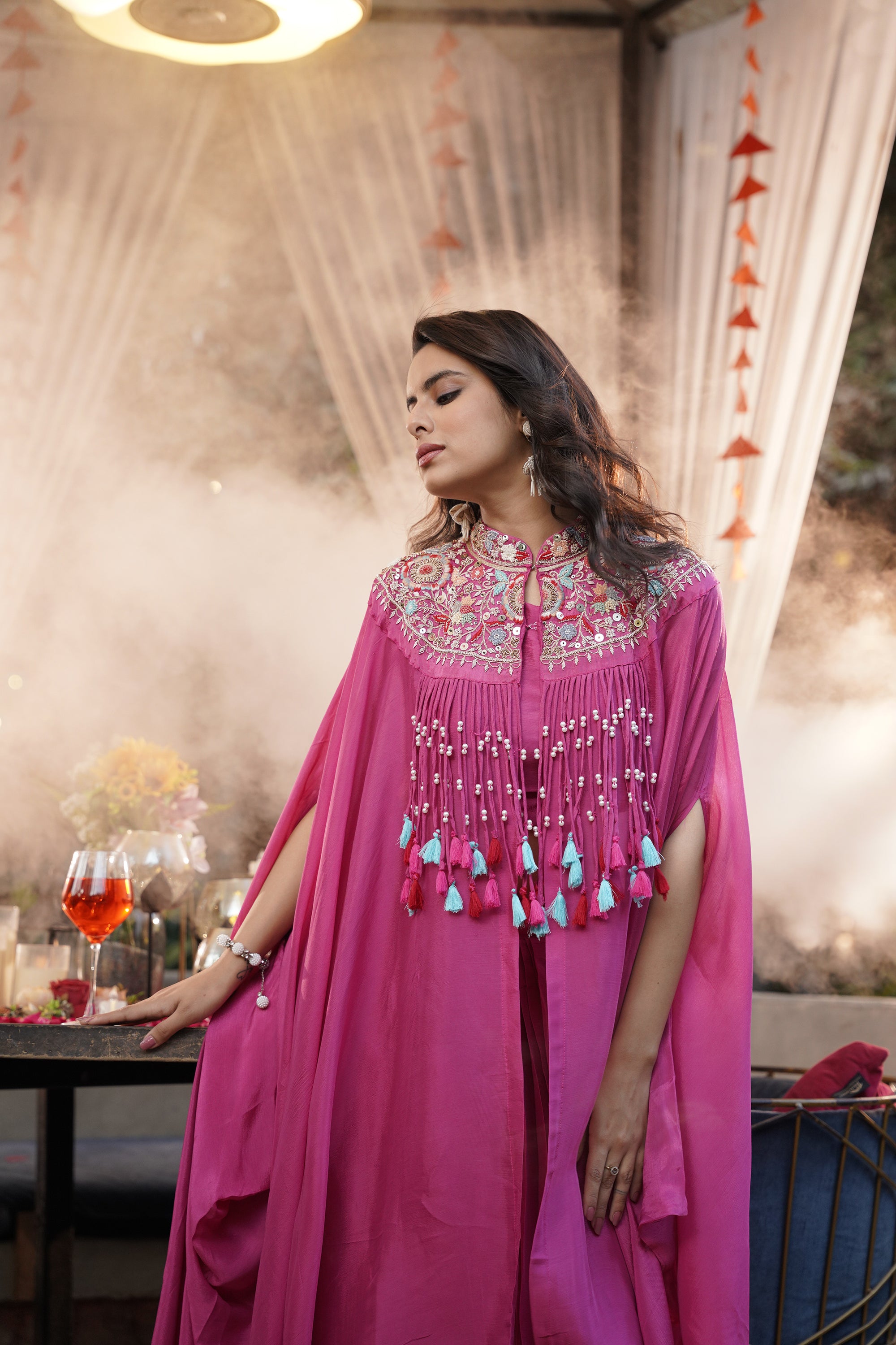 Embroidered Tassel Kaftan Set - Fuchsia Pink