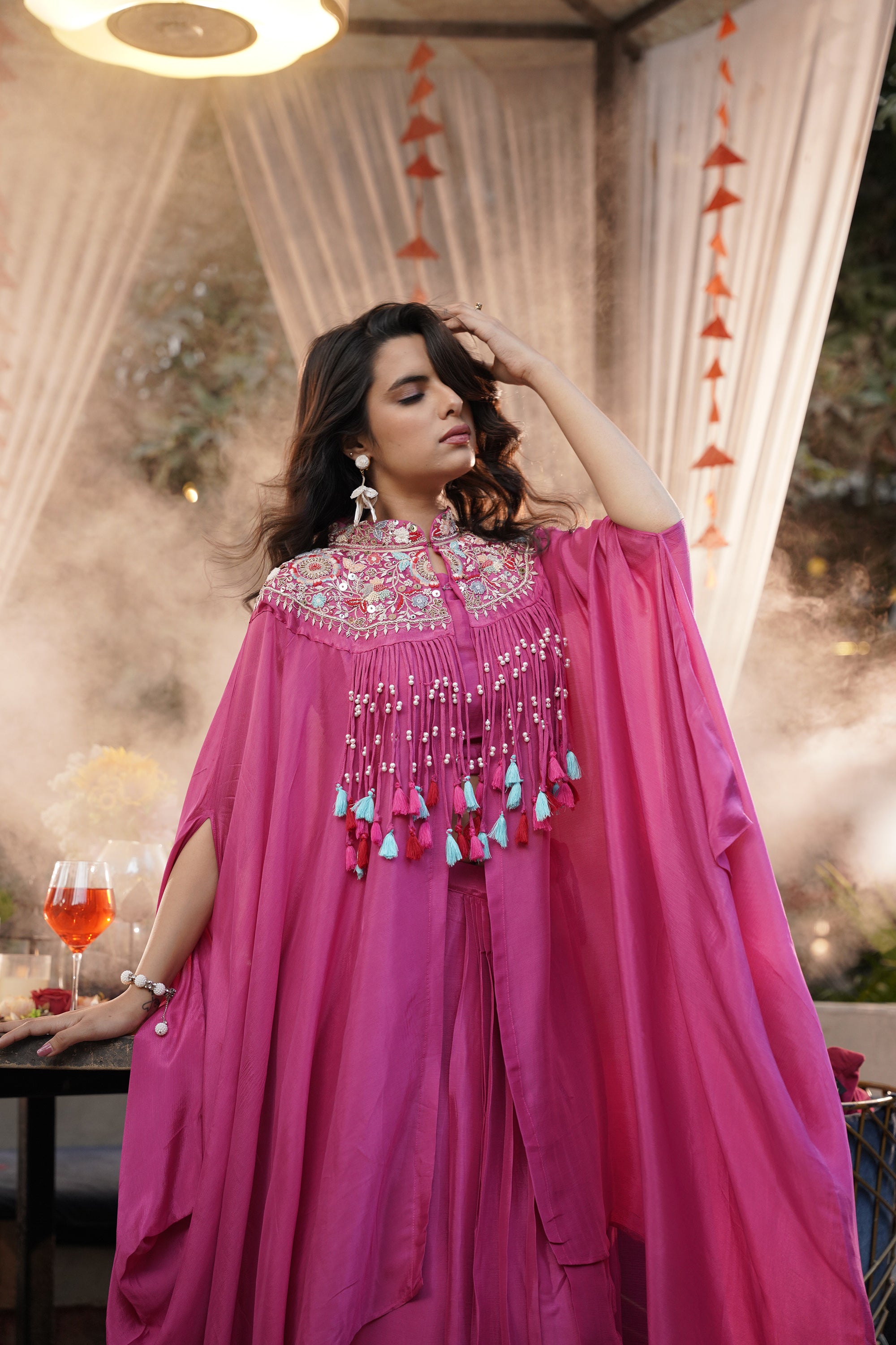 Embroidered Tassel Kaftan Set - Fuchsia Pink