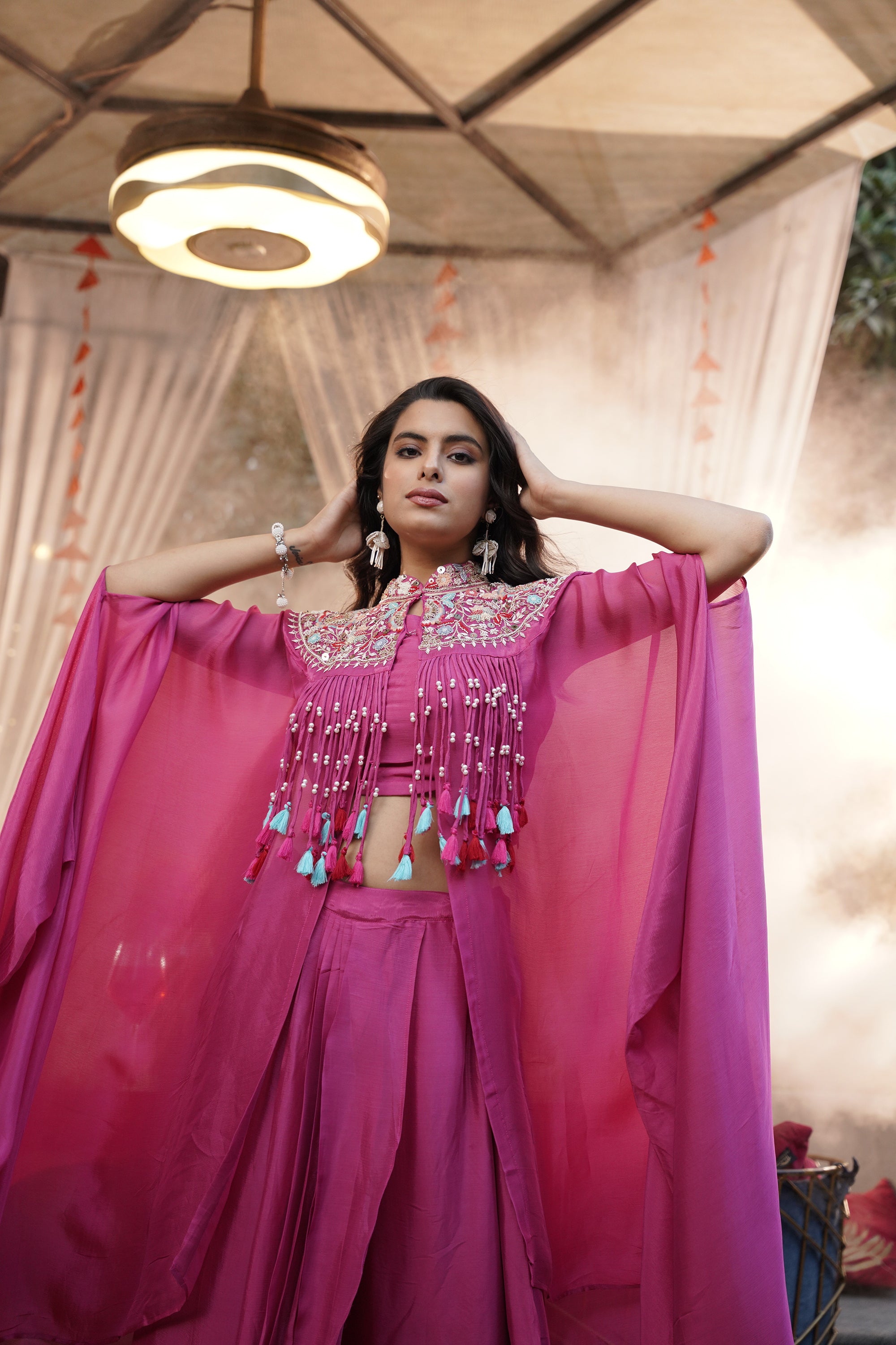 Embroidered Tassel Kaftan Set - Fuchsia Pink