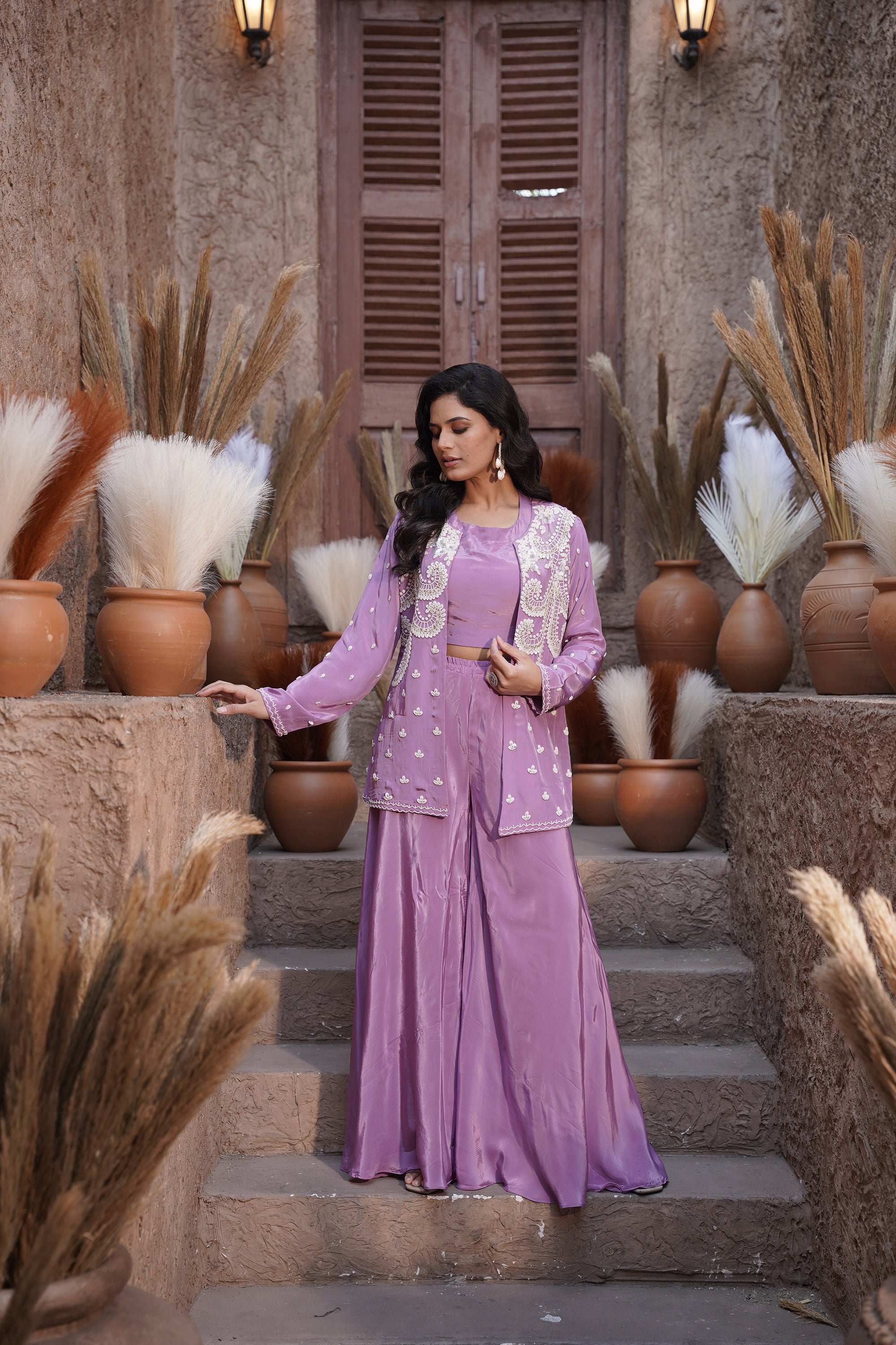 Embroidered Jacket, Palazzo Three-Piece Set - Lilac