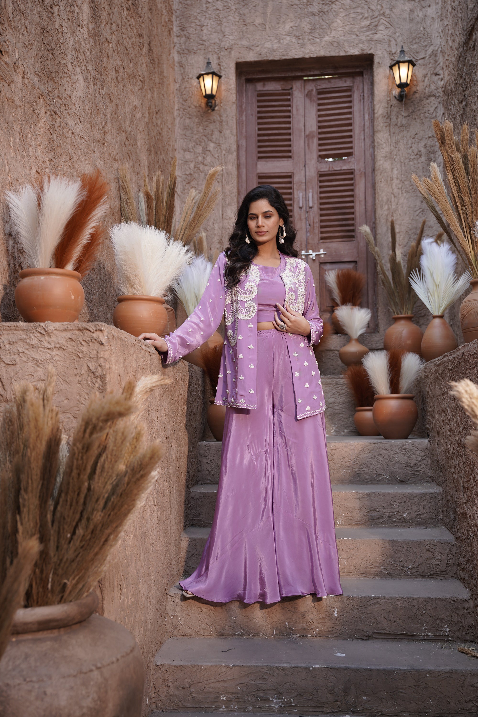 Embroidered Jacket, Palazzo Three-Piece Set - Lilac