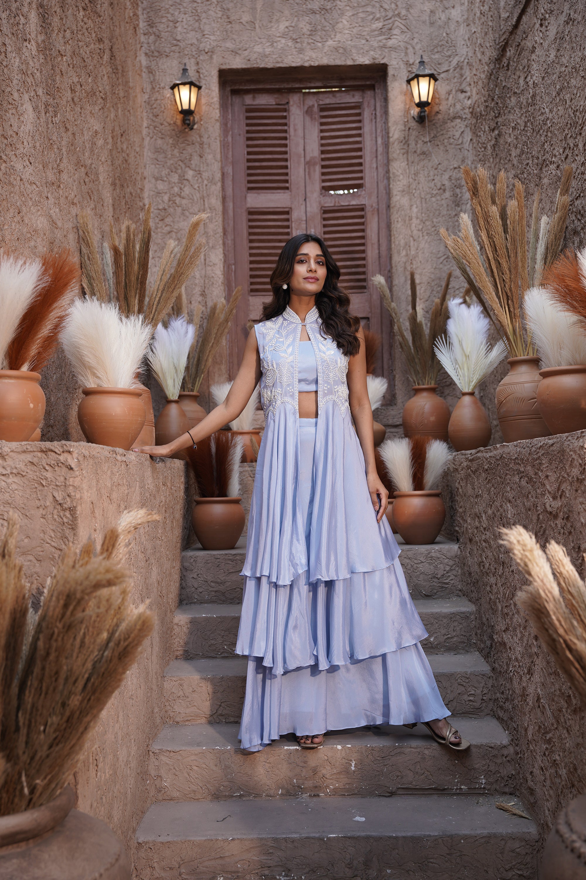 Beaded long jacket set - Powder Blue