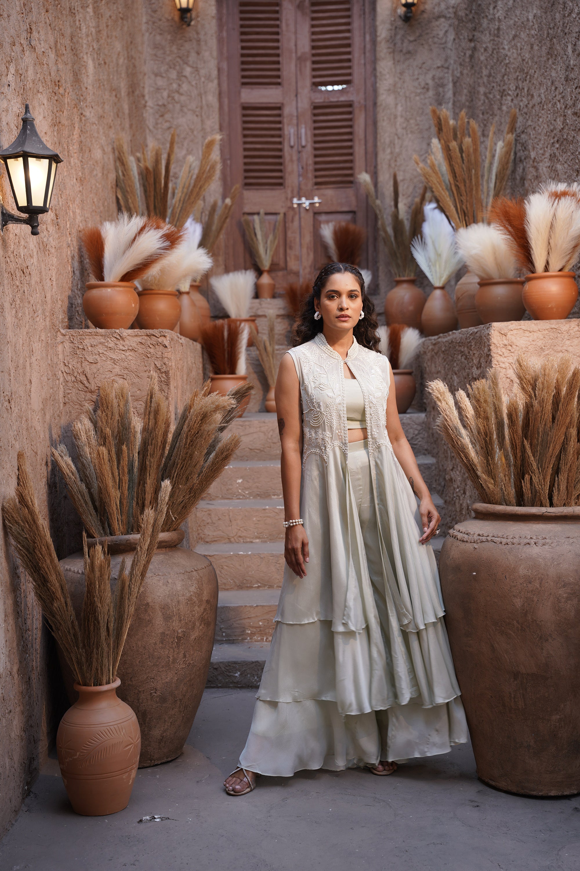 Beaded long jacket set - Ivory