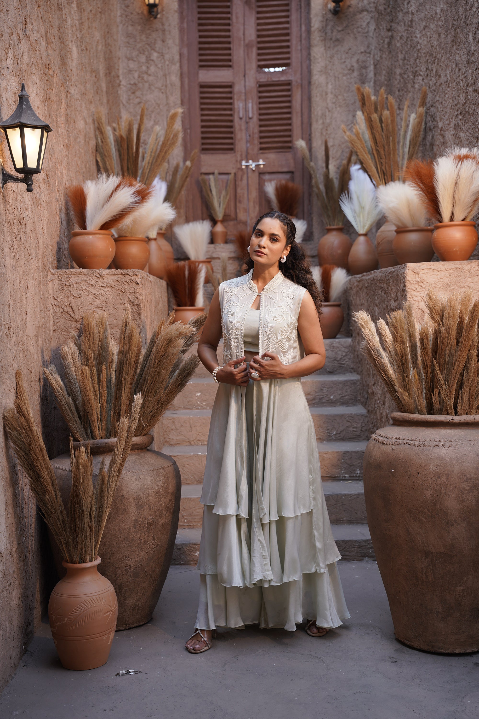 Beaded long jacket set - Ivory