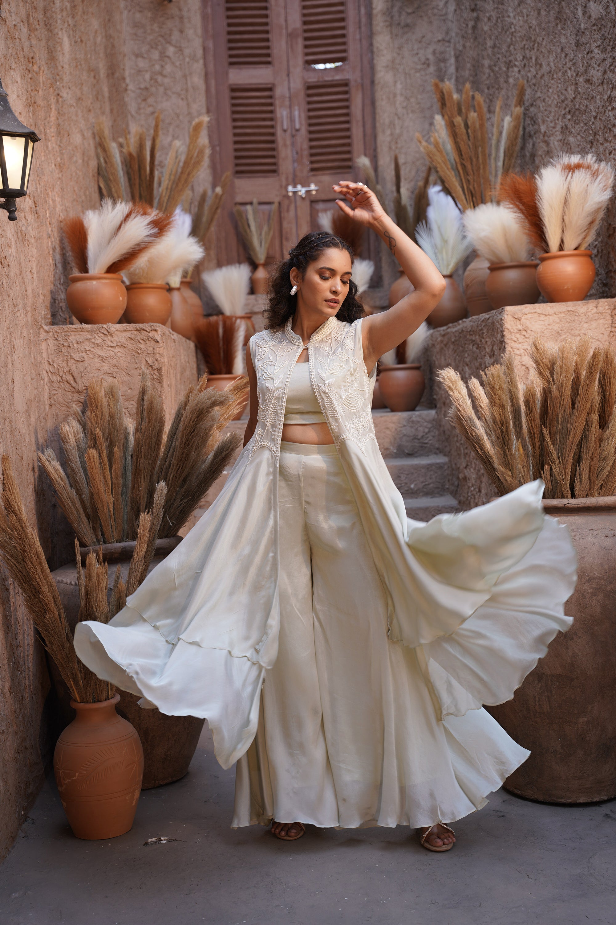 Beaded long jacket set - Ivory