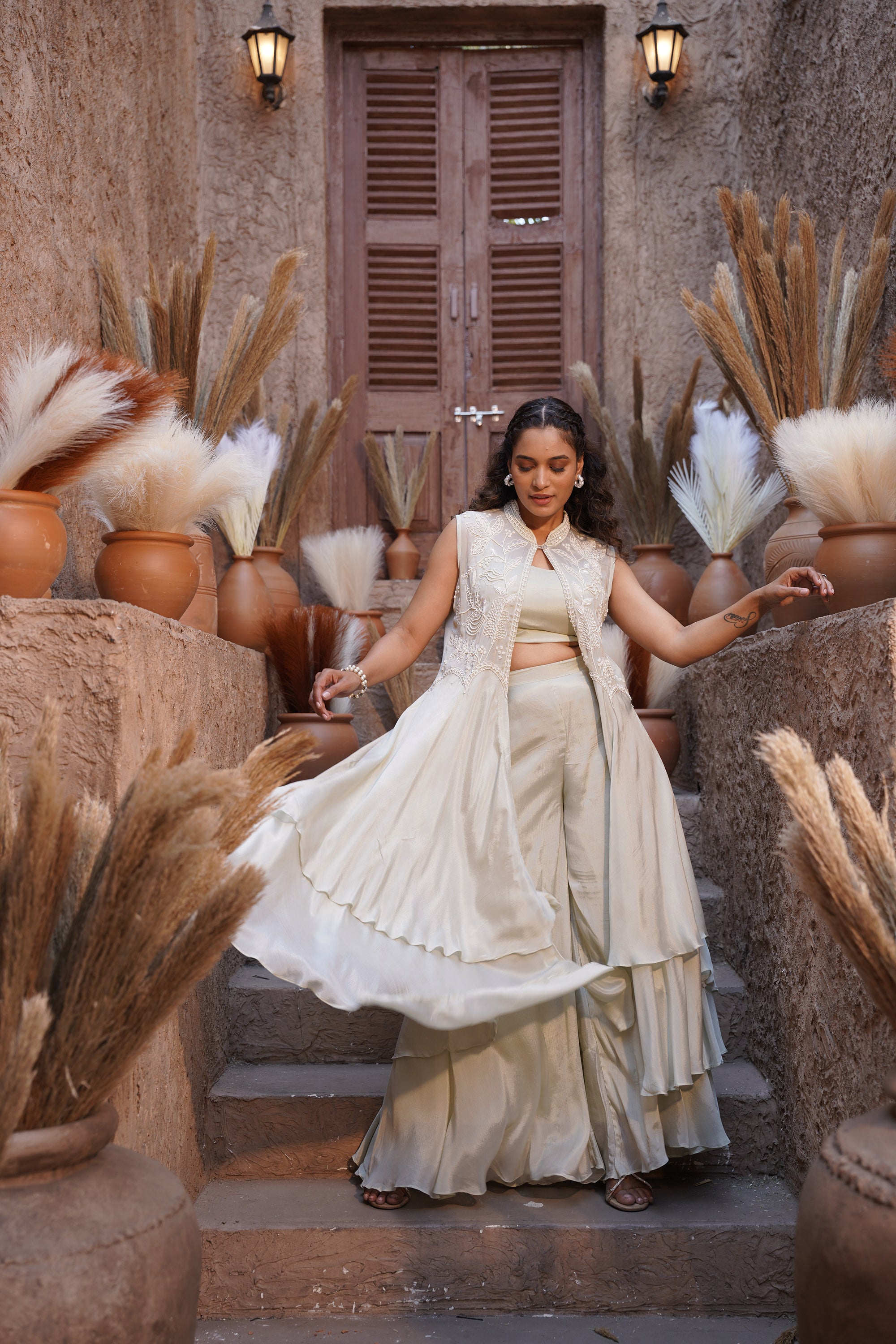 Beaded long jacket set - Ivory