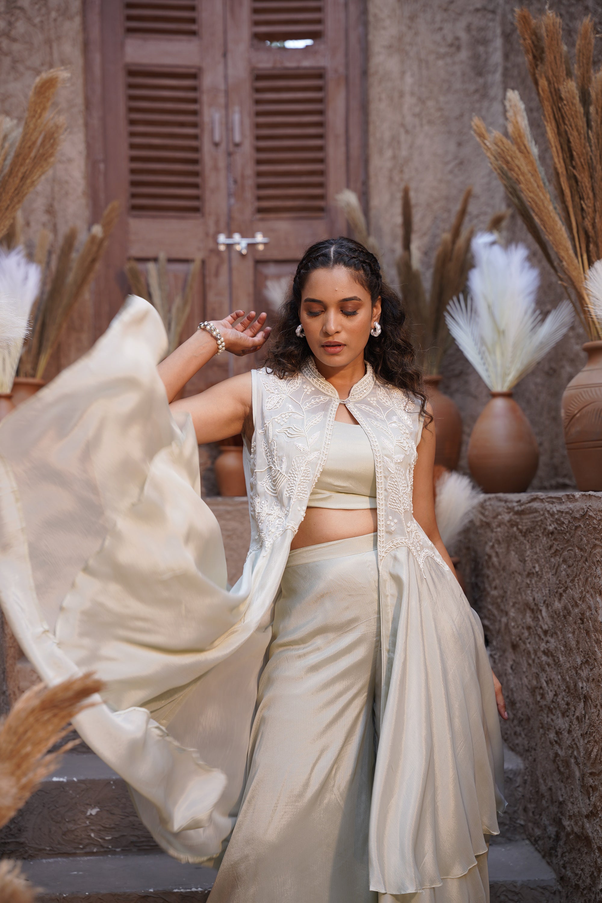 Beaded long jacket set - Ivory