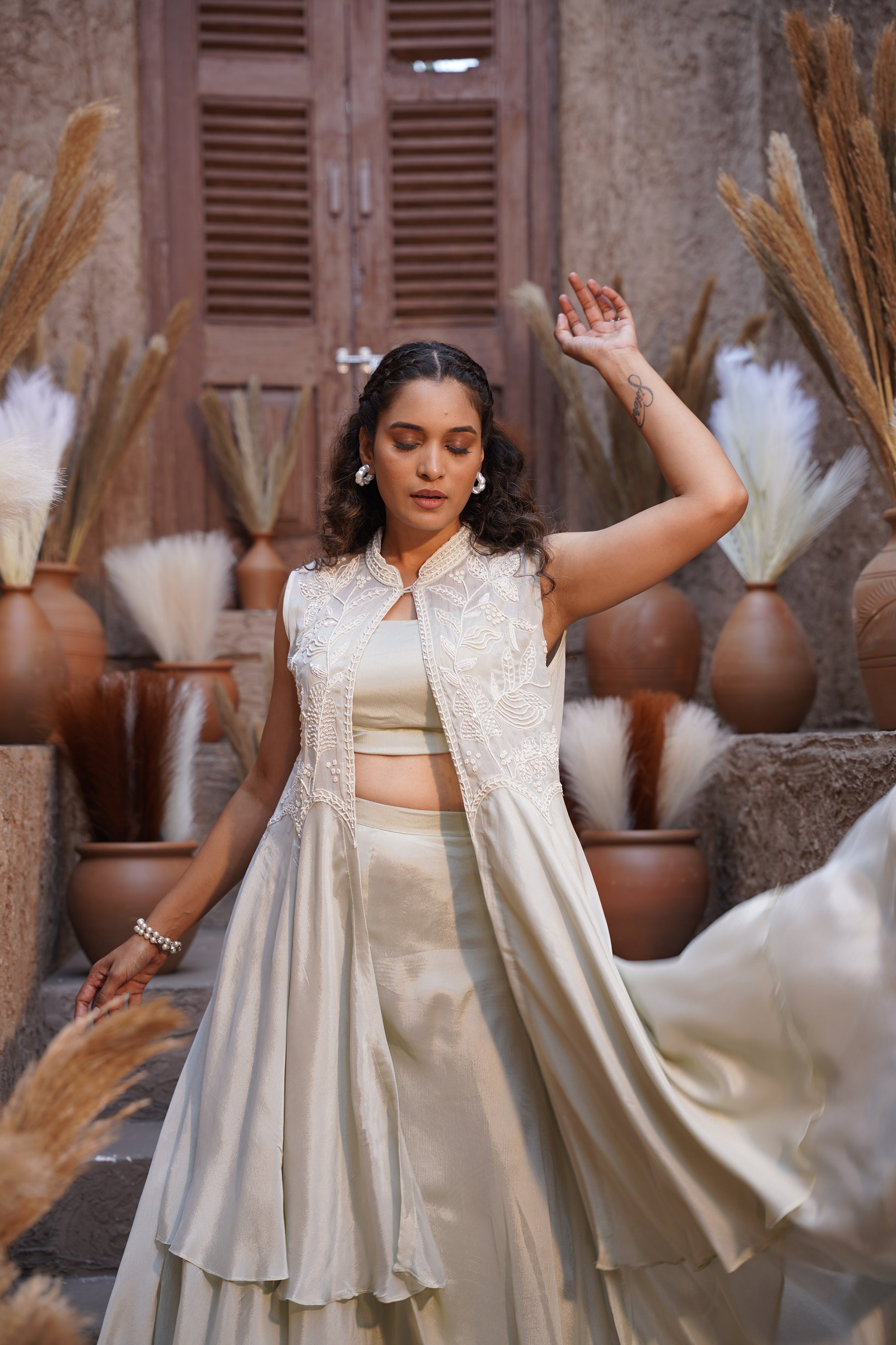 Beaded long jacket set - Ivory