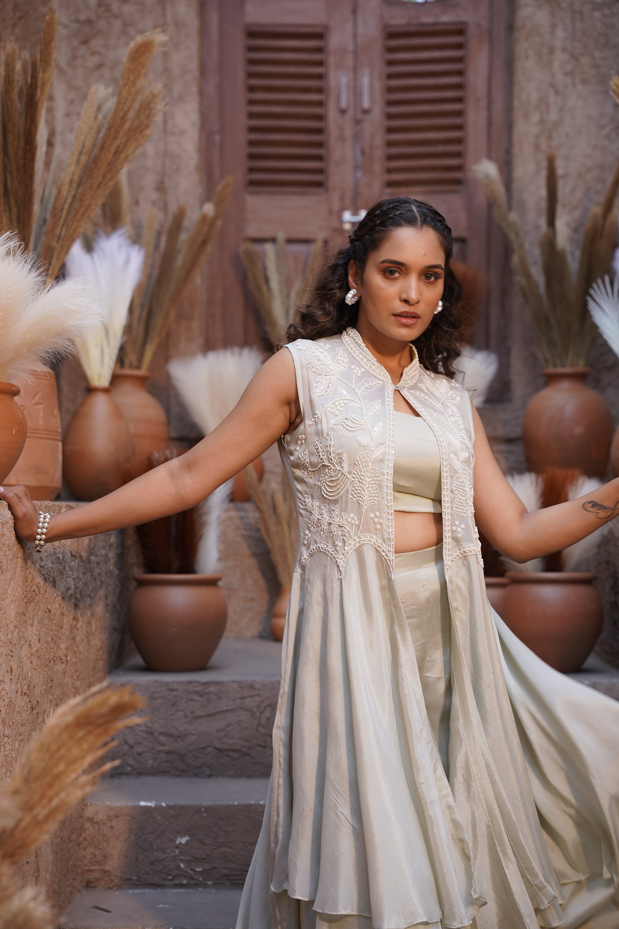 Beaded long jacket set - Ivory