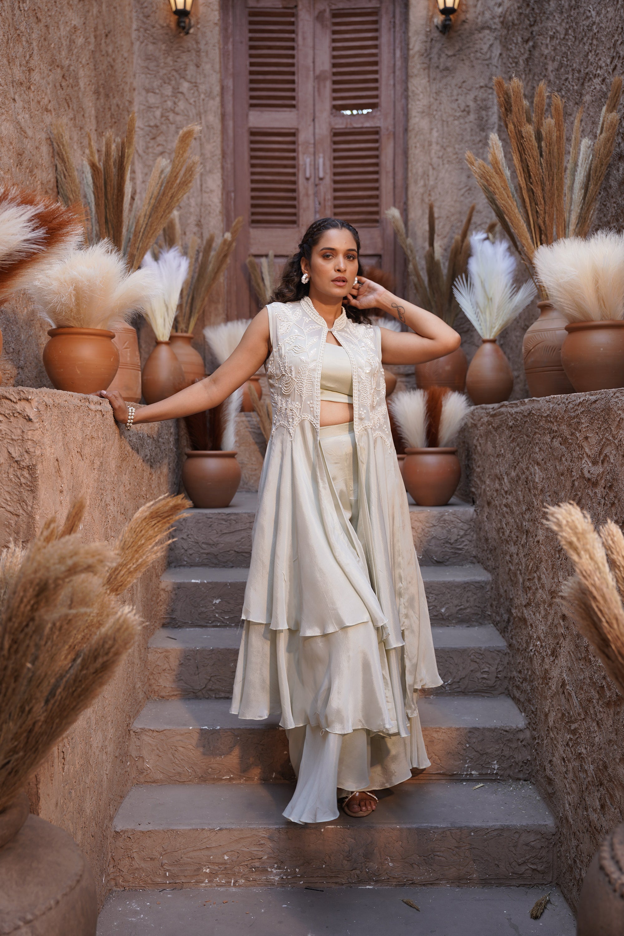 Beaded long jacket set - Ivory