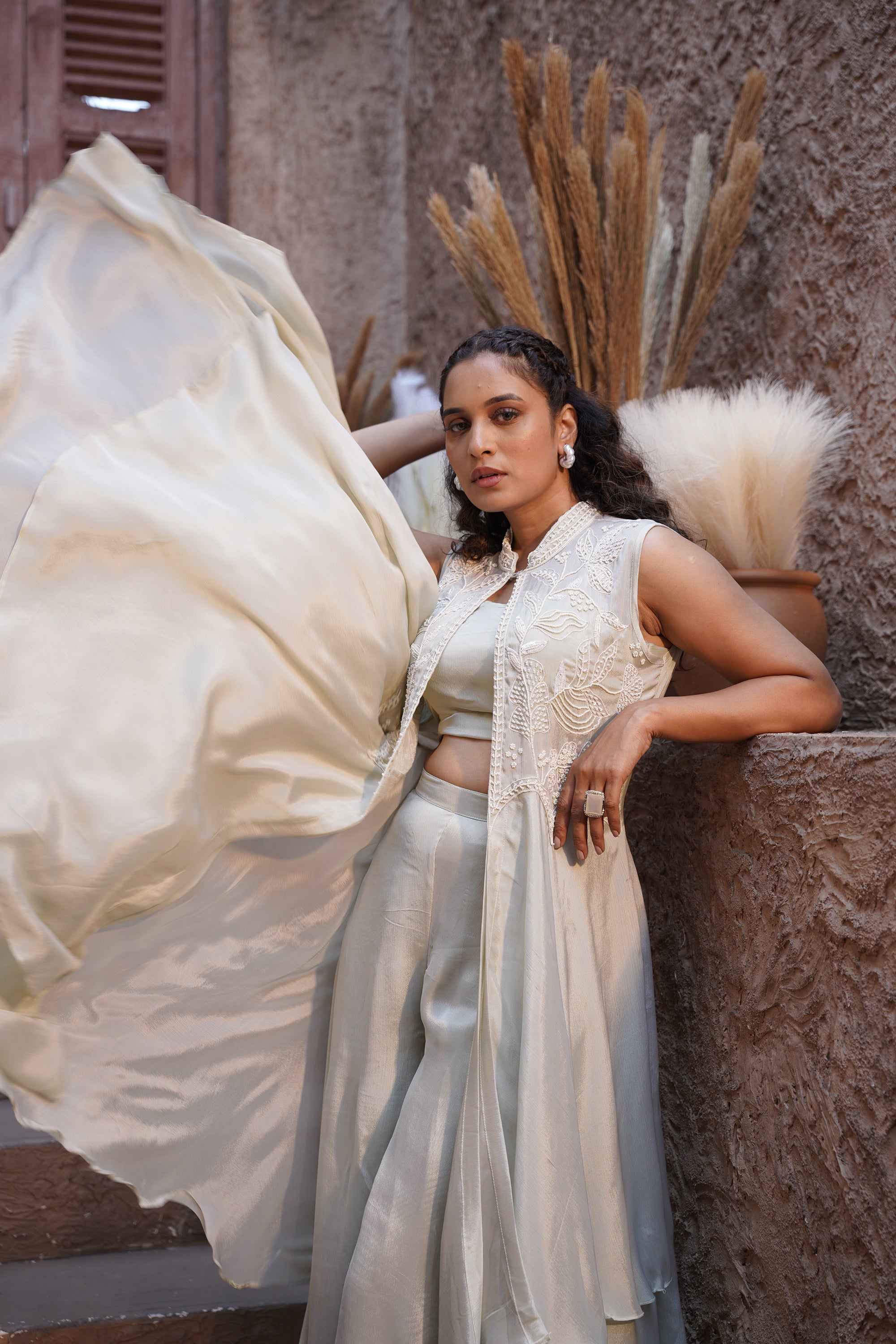 Beaded long jacket set - Ivory