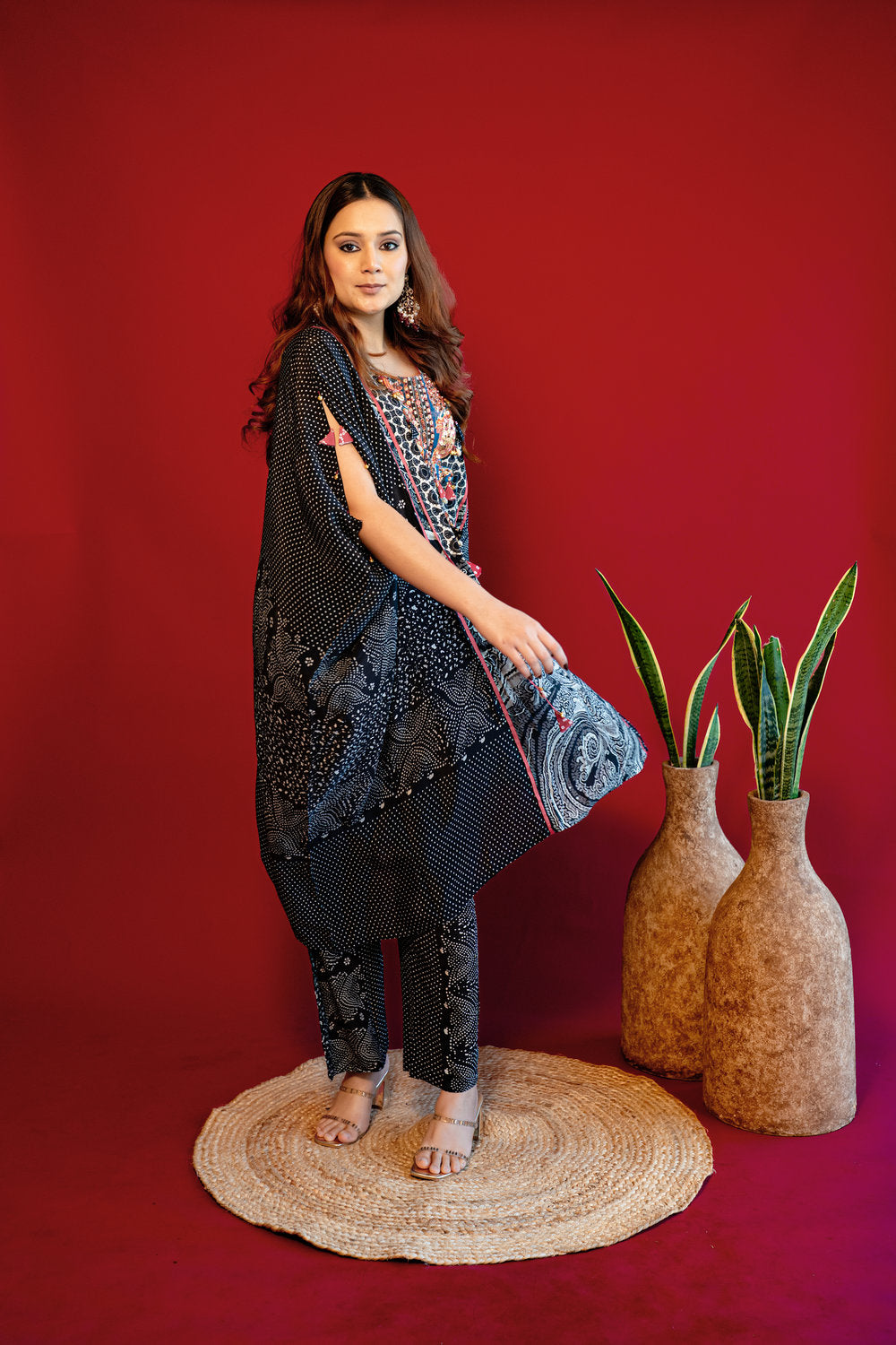 Embroidered Asymmetrical Kurta Set - Black