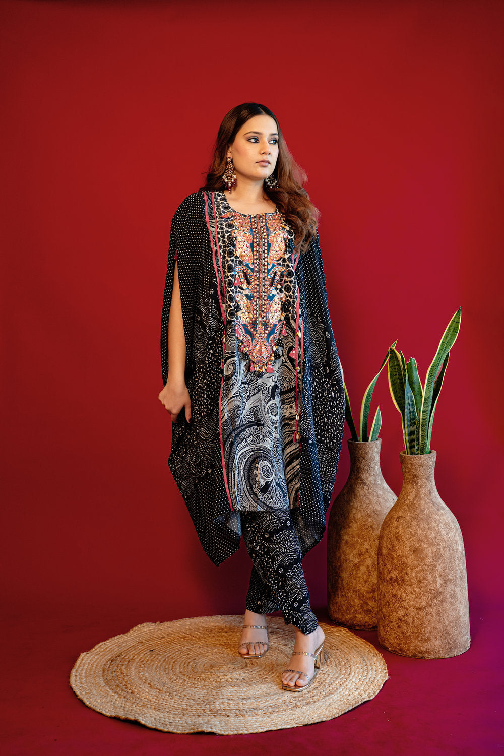 Embroidered Asymmetrical Kurta Set - Black